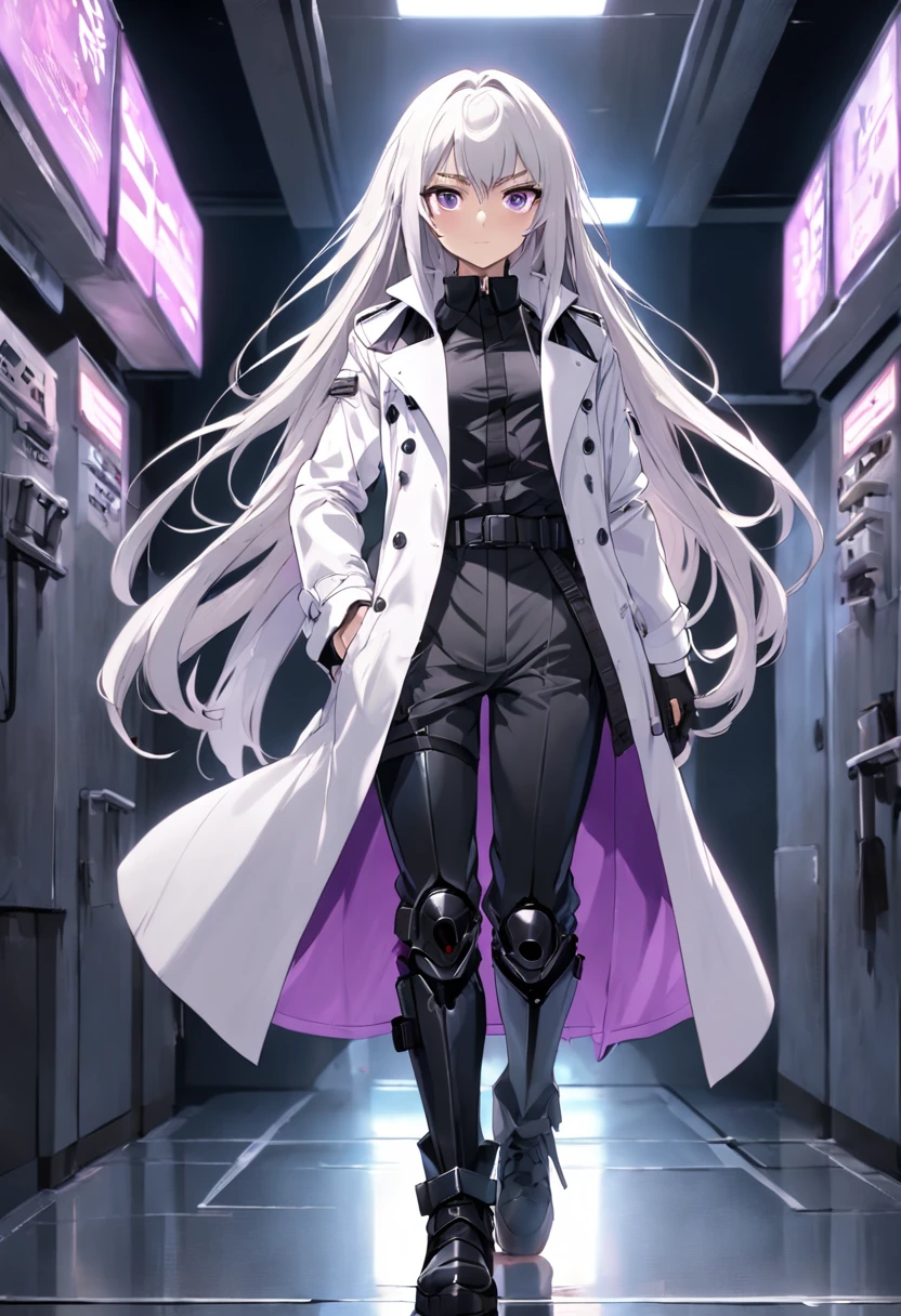 Two-dimensional woman,Long white silky hair,Bright purple pupils,White trench coat with black hard vest armor,A tactical belt hangs a black pocket,Black slim trousers with leggings,A pair of black tactical high-top boots