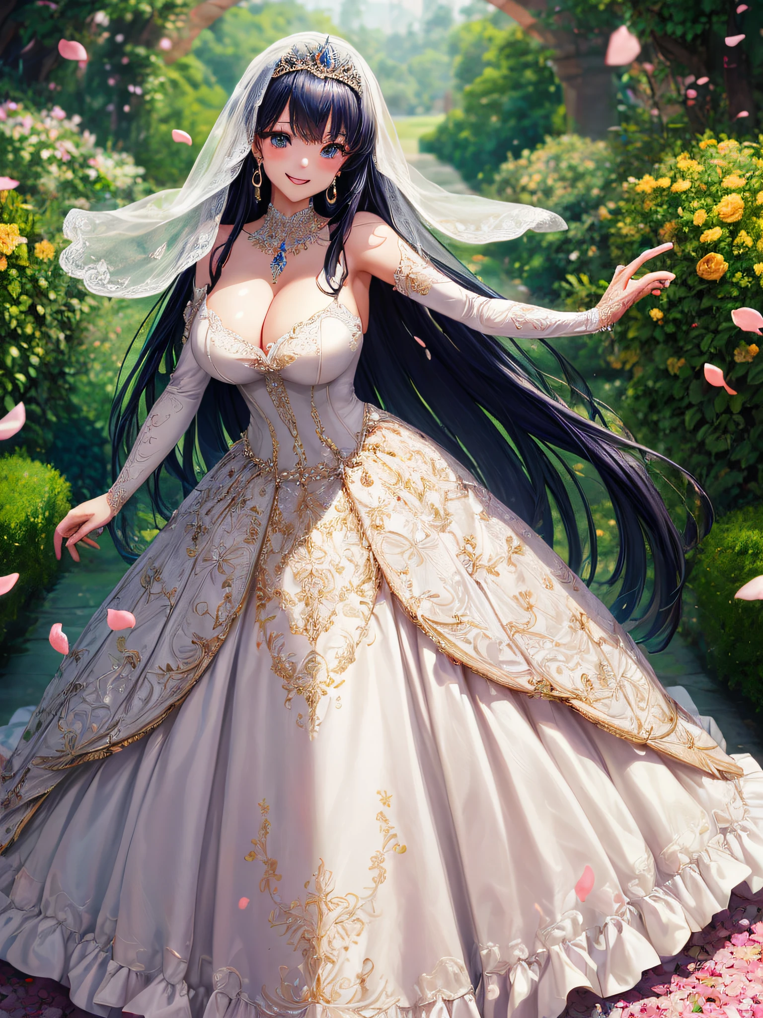 (masterpiece, best quality,extremely detailed,moe anime art style:1.2),1girl, (solo), cute, kawaii,digital art,((1 anime princess wearing beautiful embroidery and jeweled gorgeous ballgown wedding dress with voluminous full length hoop skirt)),crinoline,((voluminous frills)),gorgeous embroidery and beautiful lace,(very gigantic boobs,cleavage,skindentation),((shiny hair,absurdly voluminous straight hair,absurdly Long Hair)),(finely detailed face and eye),smile,extremely gorgeousfull jeweled tiara,((bling-bling gorgeous gemstone jewelry)),long wedding veil,((standing in beautiful garden)),flowers,flower petals flowing,(dynamic angle),((beautiful embroidery and jeweled gorgeous ballgown wedding dress with voluminous full length hoop skirt))