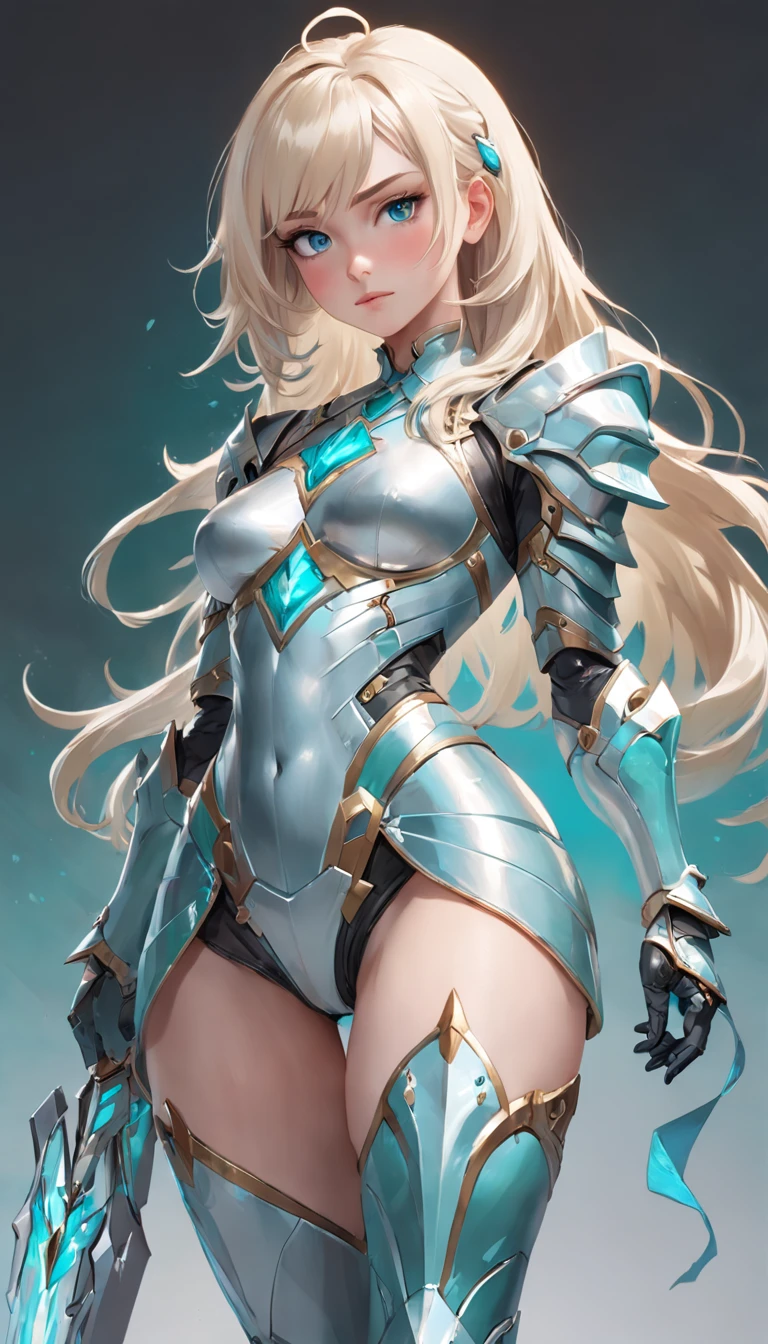 (Full body posing:1.5), Blonde woman with white hair and turquoise color armor standing pose, Wear beautiful high heels, Take a full-body photo, Seductive eyes, There is a beauty mole on the nose, Every cold hair is clear, glint, excited, kubrick stare, glasgow smile, The armor is set with gorgeous gemstones, Stunning character art, fantasy concept art portrait, ross tran and wlop, Ross Tran 8 K, chengwei pan on artstation, wlop and ross thran, portrait of female paladin, epic exquisite  character art, alexandra fomina artstation, hyper-detailed fantasy character, gorgeous female paladin, cgsociety portrait, A young girl, Charming beautiful and detailed eyes, Full body image in high heels, （8K, best qualtiy, tmasterpiece：1.2）, （realisticlying, realisticlying：1.37）, A detailed, best qualtiy, A high resolution, (Keep your mouth shut), Charming appearance, little breast, B cup, Glamorous temperament, simplebackground, wide chin, Thick lips, Little tiger tooth, Neat one-word bangs, Ji Shi Fa, French braids, tmasterpiece, Fine hair like silk, Every hair is clear, photo level, wide angles, move chart, Atmospheric perspective, Cinematic lighting, Textured skin