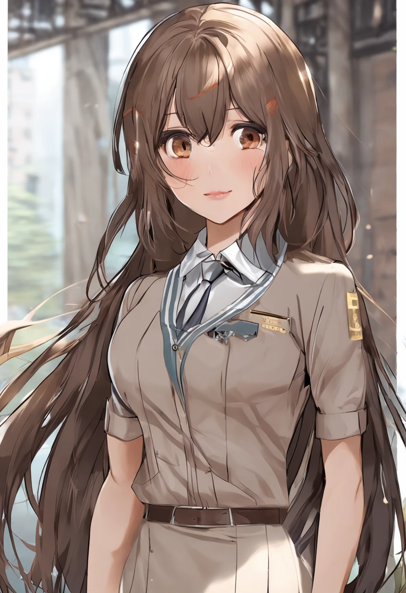 (Photorealsitic:1.4),32K 8K HDR UHD MASTERPIECE top quality professional highly detailed,1girl in, Brown hair,Perfect appearance, Well-dressed face, Absolutely beautiful, slender,flat chest,Khaki hair, swept bangs, Long hair, Wavy Hair, Very long sideburns,School uniform,full-length,Round face,