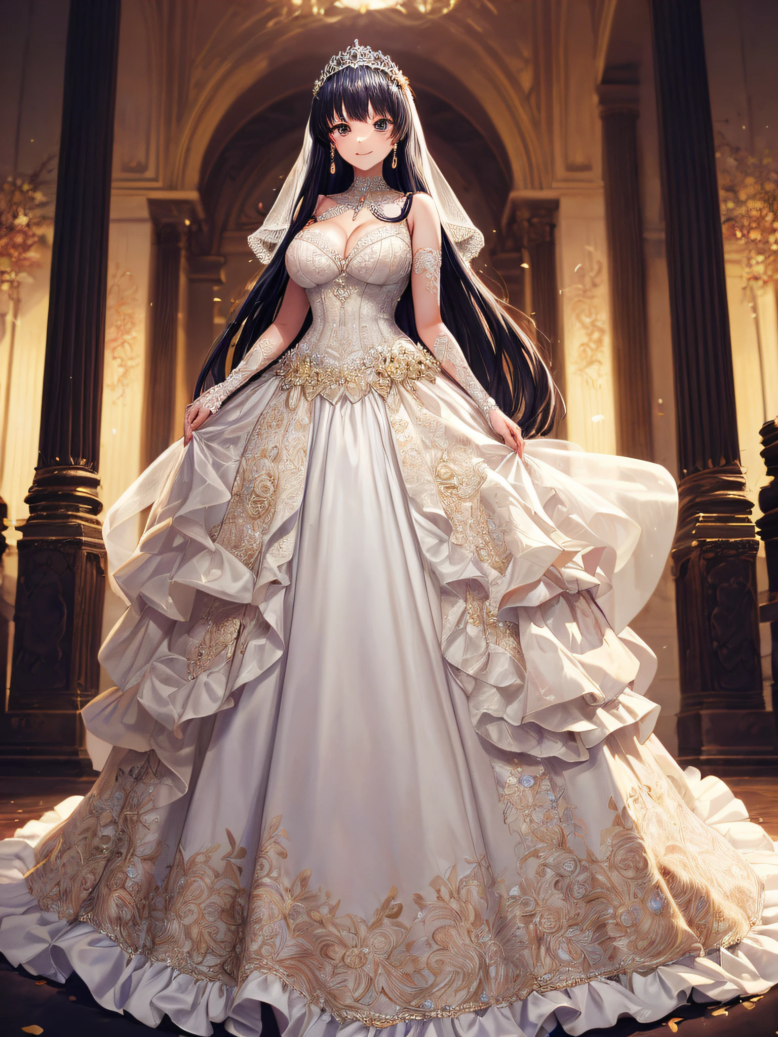 (masterpiece, best quality,extremely detailed,moe anime art style:1.2),1girl, (solo), cute, kawaii,digital art,((1 anime princess wearing beautiful embroidery and jeweled gorgeous ballgown wedding dress with voluminous full length hoop skirt)),crinoline,((voluminous frills)),gorgeous embroidery and beautiful lace,(very gigantic boobs,cleavage,skindentation),((shiny hair,absurdly voluminous straight hair,absurdly Long Hair)),(finely detailed face and eye),smile,extremely gorgeousfull jeweled tiara,((bling-bling gorgeous gemstone jewelry)),long wedding veil,((standing in beautiful garden)),flowers,flower petals flowing,(dynamic angle),((beautiful embroidery and jeweled gorgeous ballgown wedding dress with voluminous full length hoop skirt))