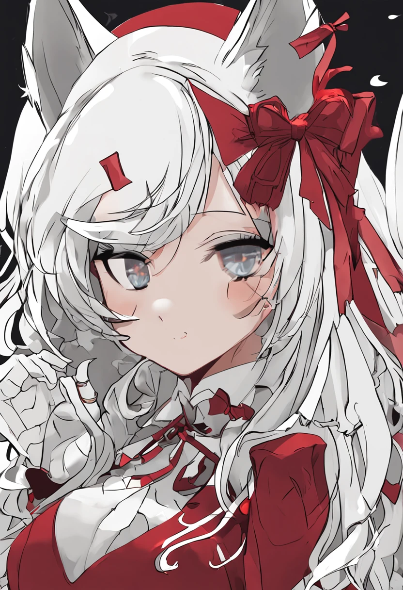 Fox ears,sliver long hair,Half-series double ponytail,Lori huge breasts cleavage,Red pupils,Red and white Lolita,Scythe in hand