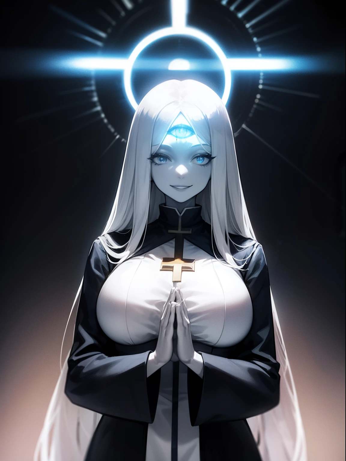 1girl,solo,(pale skin), blue eyes,demonic third eye,white hairs,long hairs,large breasts ,priest,smile, church,halo,own hands together