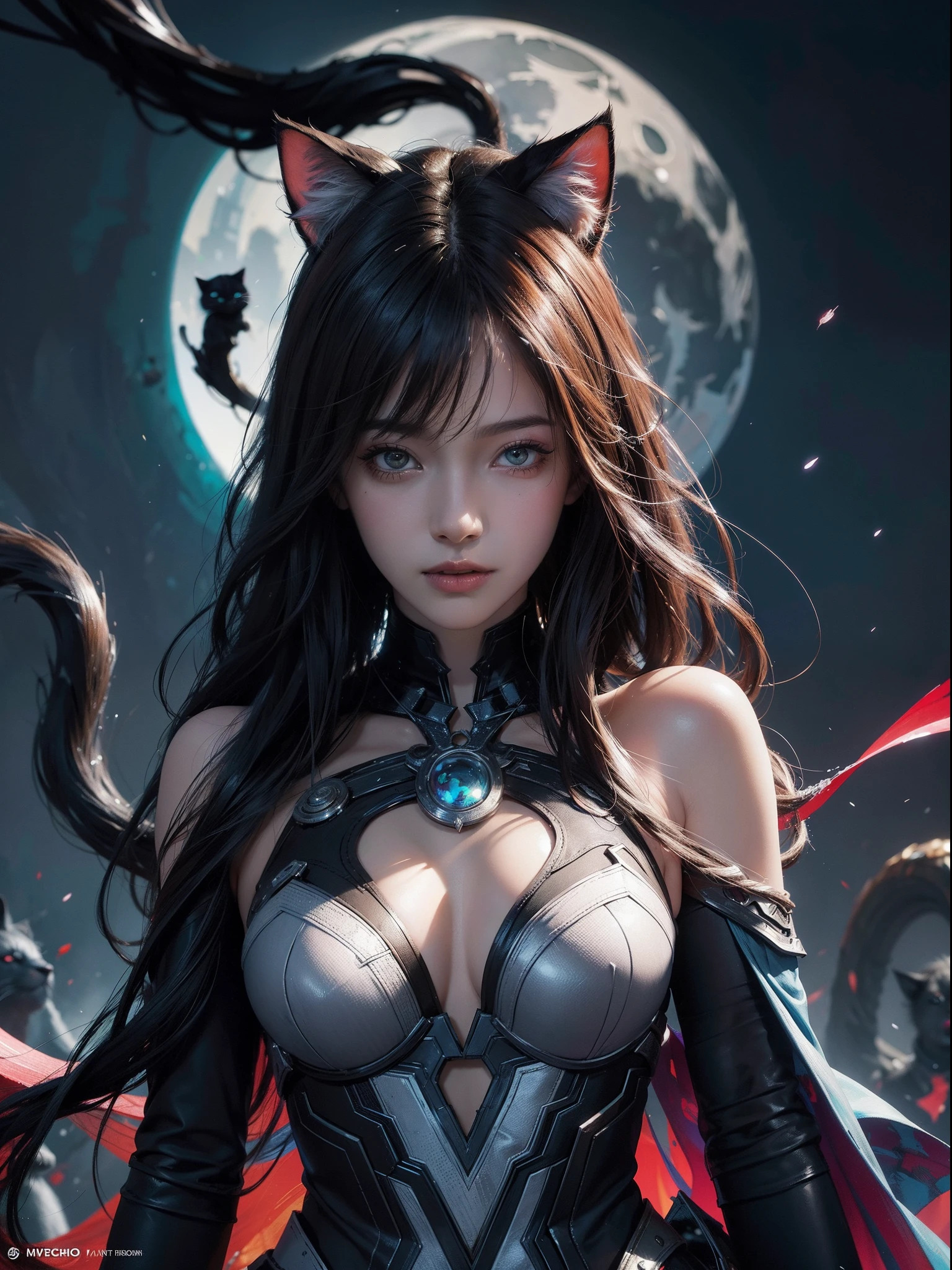 vibrant colours, group of cats, huge marvel style scene art by Carne Griffiths and Wadim ashin, abstract beauty, centered, looking at the camera, approaching perfection, dynamic, moonlight, highly detailed, oil painting, artstation, concept art, smooth, sharp focus, illustration, white background