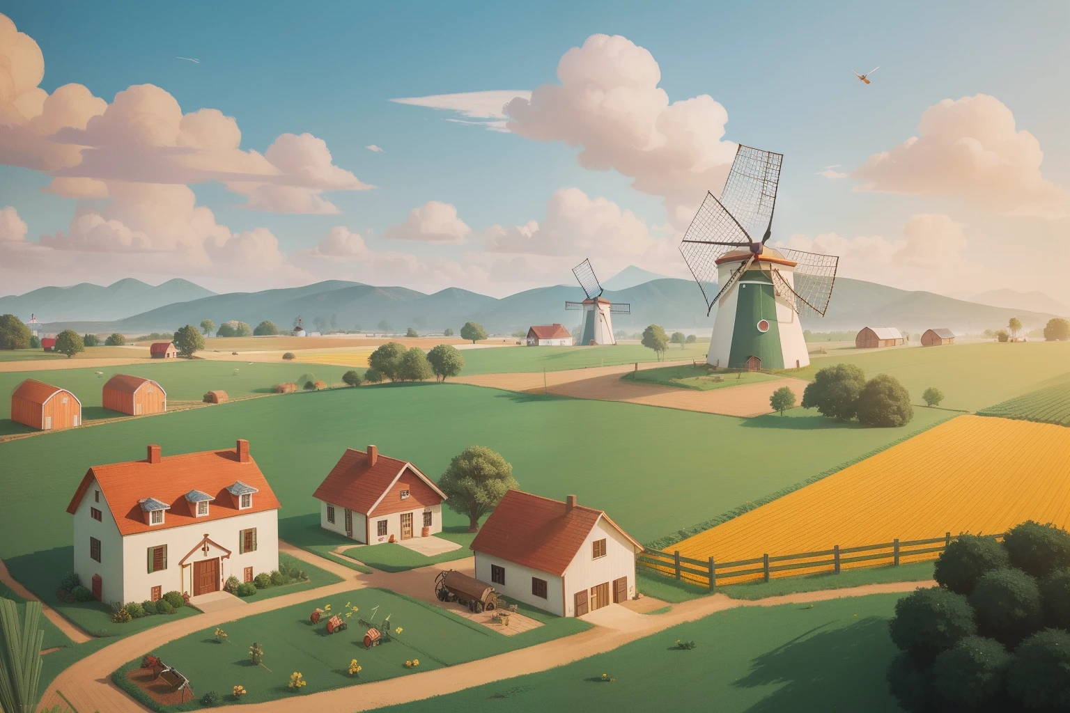 In a sun-drenched Wes Anderson countryside, an oversized, colorful windmill with whirling blades provides power to tiny, vintage-style farms in the distance, where farmers tend to their miniature crops.