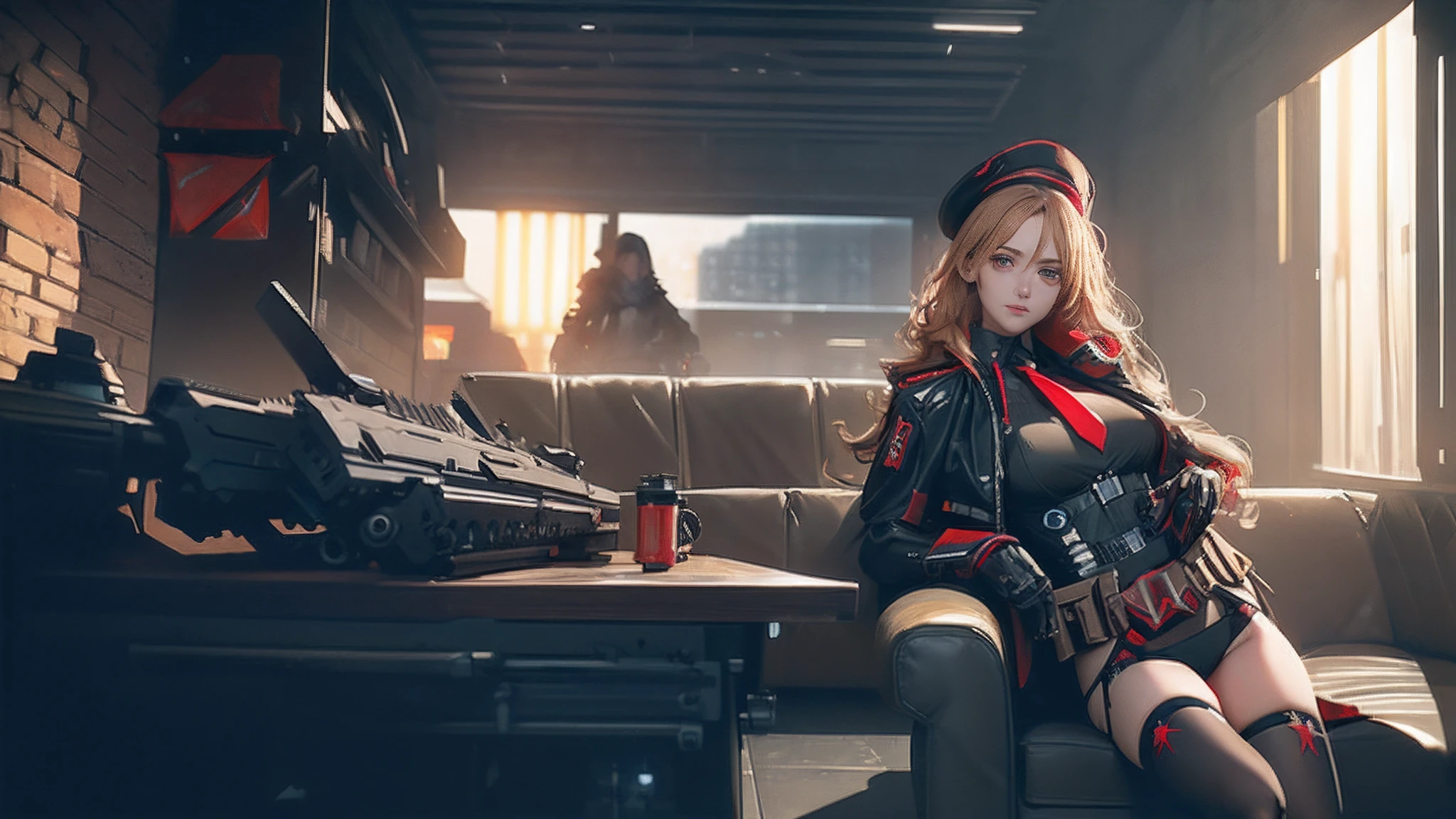 ((Best quality)), ((masterpiece)), (detailed:1.4), 3D, an image of a beautiful cyberpunk female, long almond golden hair, light brown eyes, Small red Barret, Black Soldier Shirt, Black under cloth, black panty, Grenade belt, Big chest, Big thigh, High thigh black knee sock, red necktie, black jacket, black cloak, black panty, ammo belt, handgun, HDR (High Dynamic Range),Ray Tracing,NVIDIA RTX,Super-Resolution,Unreal 5,Subsurface scattering,PBR Texturing,Post-processing,Anisotropic Filtering,Depth-of-field,Maximum clarity and sharpness,Multi-layered textures,Albedo and Specular maps,Surface shading,Accurate simulation of light-material interaction,Perfect proportions,Octane Render,Two-tone lighting,Wide aperture,Low ISO,White balance,Rule of thirds,8K RAW,