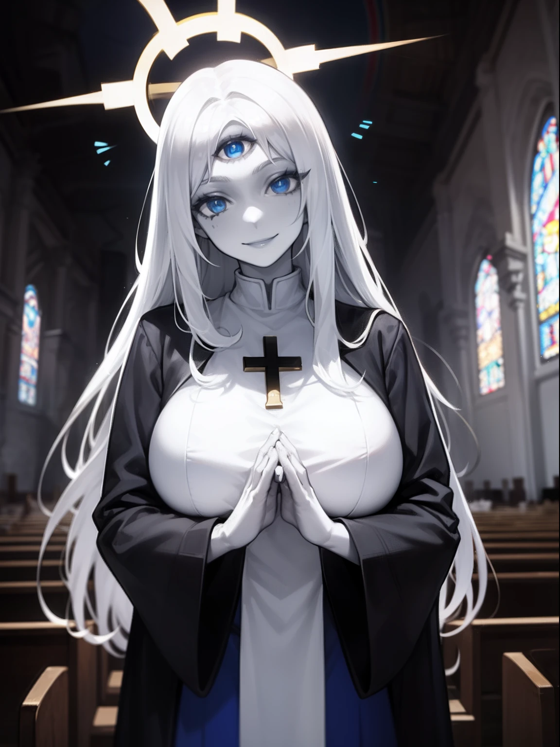 1girl,solo,(pale skin), blue eyes,demonic third eye,white hairs,long hairs,large breasts ,priest,smile, church,halo,own hands together