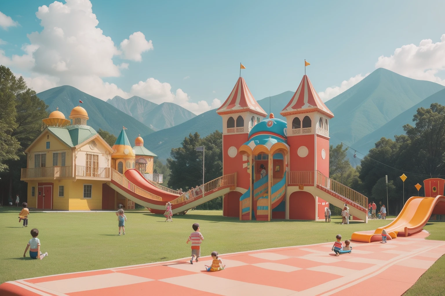 At a Wes Anderson carnival's funhouse, an enormous, checkerboard-inspired slide towers above the landscape, with tiny thrill-seekers in the distance sliding down its whimsical twists and turns.