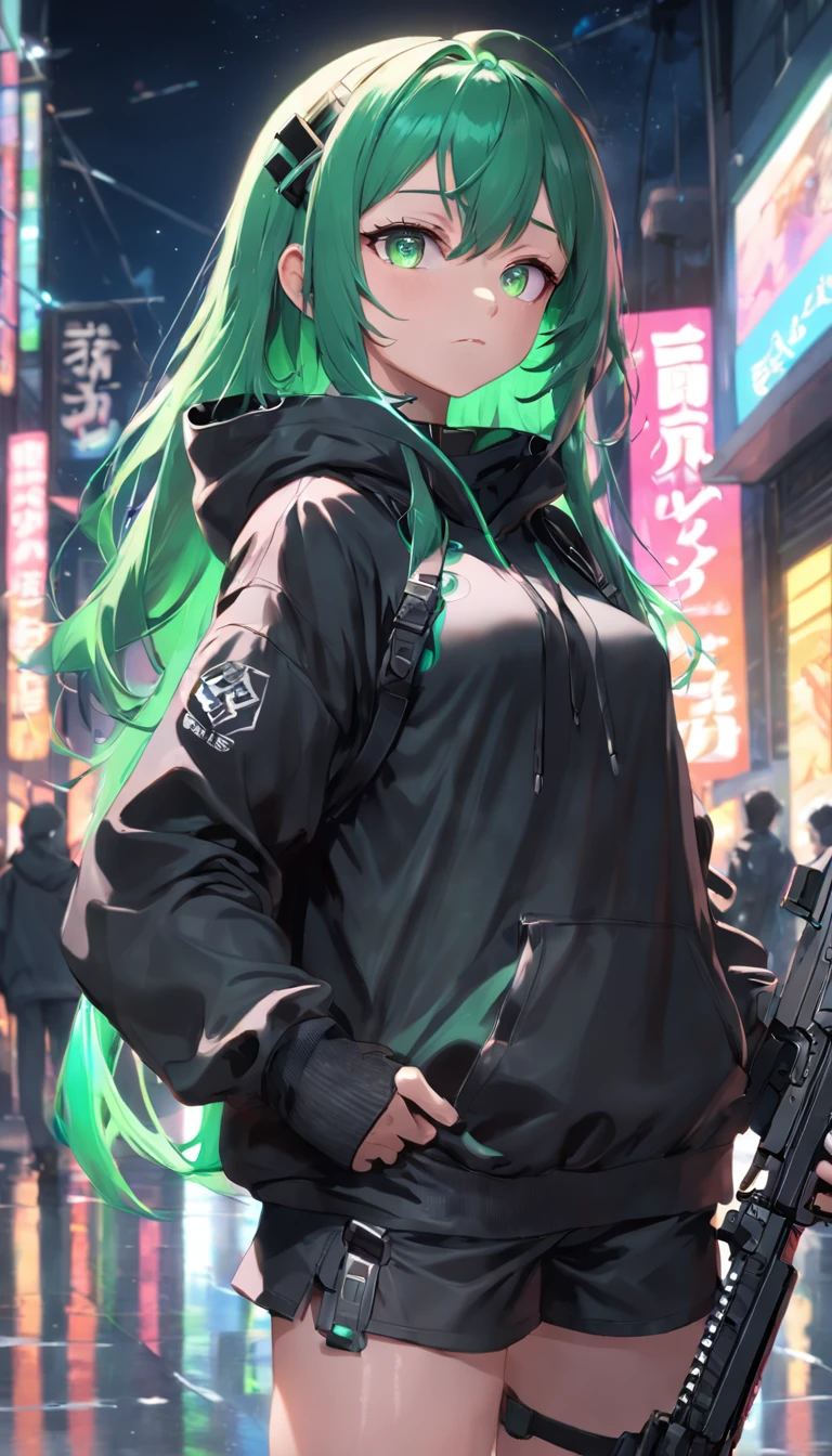 Dynamic angle, ((Full body posing:1.5), (colorful:1.2), (extremely detailed CG unity 16k wallpaper:1.1), (Denoising strength: 1.45), (tmasterpiece:1.37), ((official art)), (assault rifle、Long sideburns、Beautiful anime style girl all over, clean detailed faces, Cyber, analogous colors, Glowing shadow, beautiful gradation, Clean image, Black hoodie outfit、 High detail, High definition, Blush, coalescence, beleza celestial, Very detailed, full body, Green&Black hair, Green eyes、, Depth of field, Soft lighting, god rays, sparkle, glowing light, ((masterpiece)), ((best quality)), High quality, UHD, award winning
