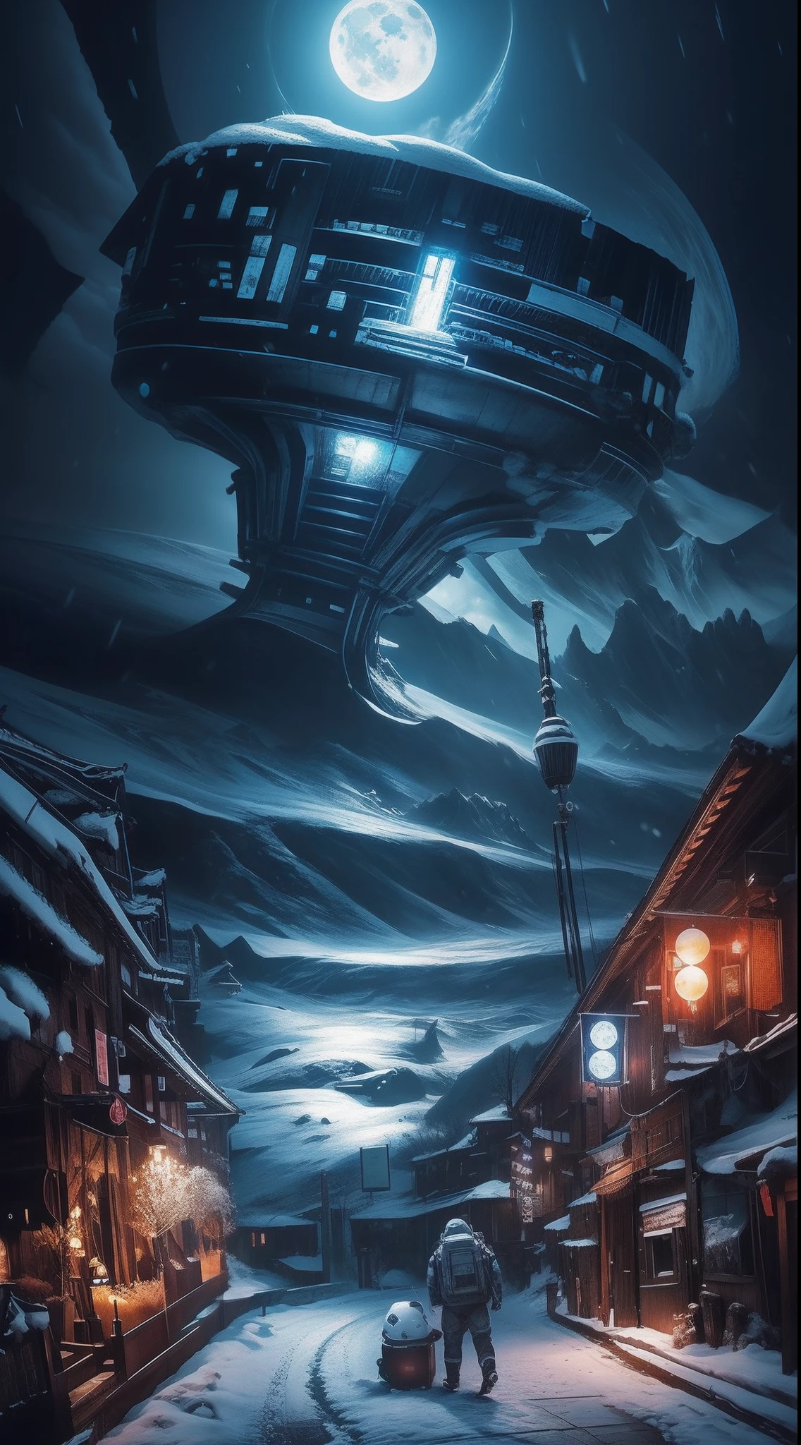 sci-fy,Moon,snow mountains,sense of science and technology,makina,conceptual drawing, cyber punk style,Concept art for the game, Lanterns,The sky is snowing,stray,The astronaut,pandas,Original Drawing,lamplight,Back shadow,snow mountains,Chinese architecture,High-precision illustration,SENSE OF CINEMA,the detail,Window to the city in the distance