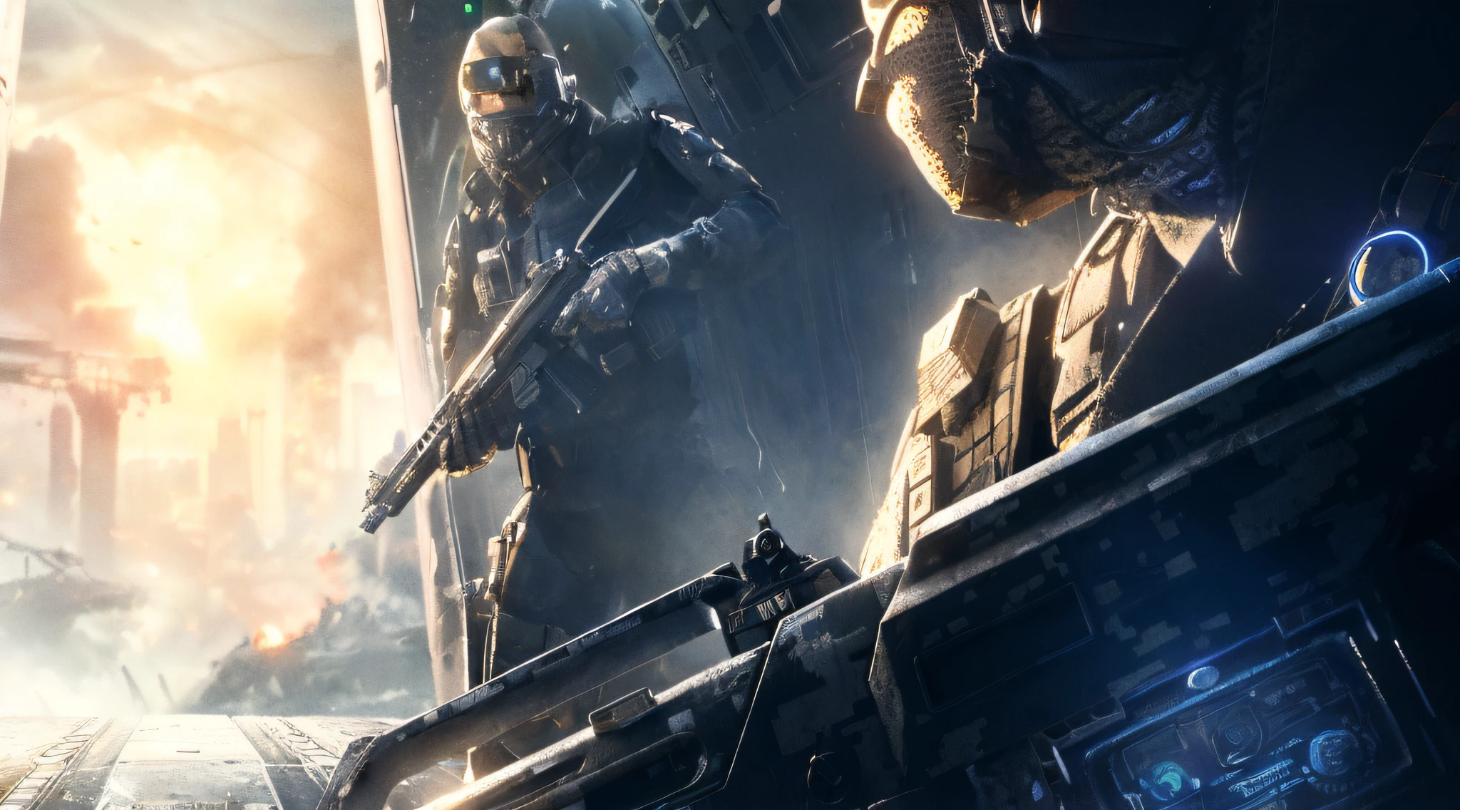Kierson and soldiers in a sci-fi setting,The background is a train, titanfall 2 game, Titanfall 2, titanfall, in style of james paick, fps shooter game, soldiers and mech fight, (doi), HQ 4K wallpaper, craig mullins style, Halo, fps game concept art, stunning sci-fi concept art, Halo. rendering by octane
