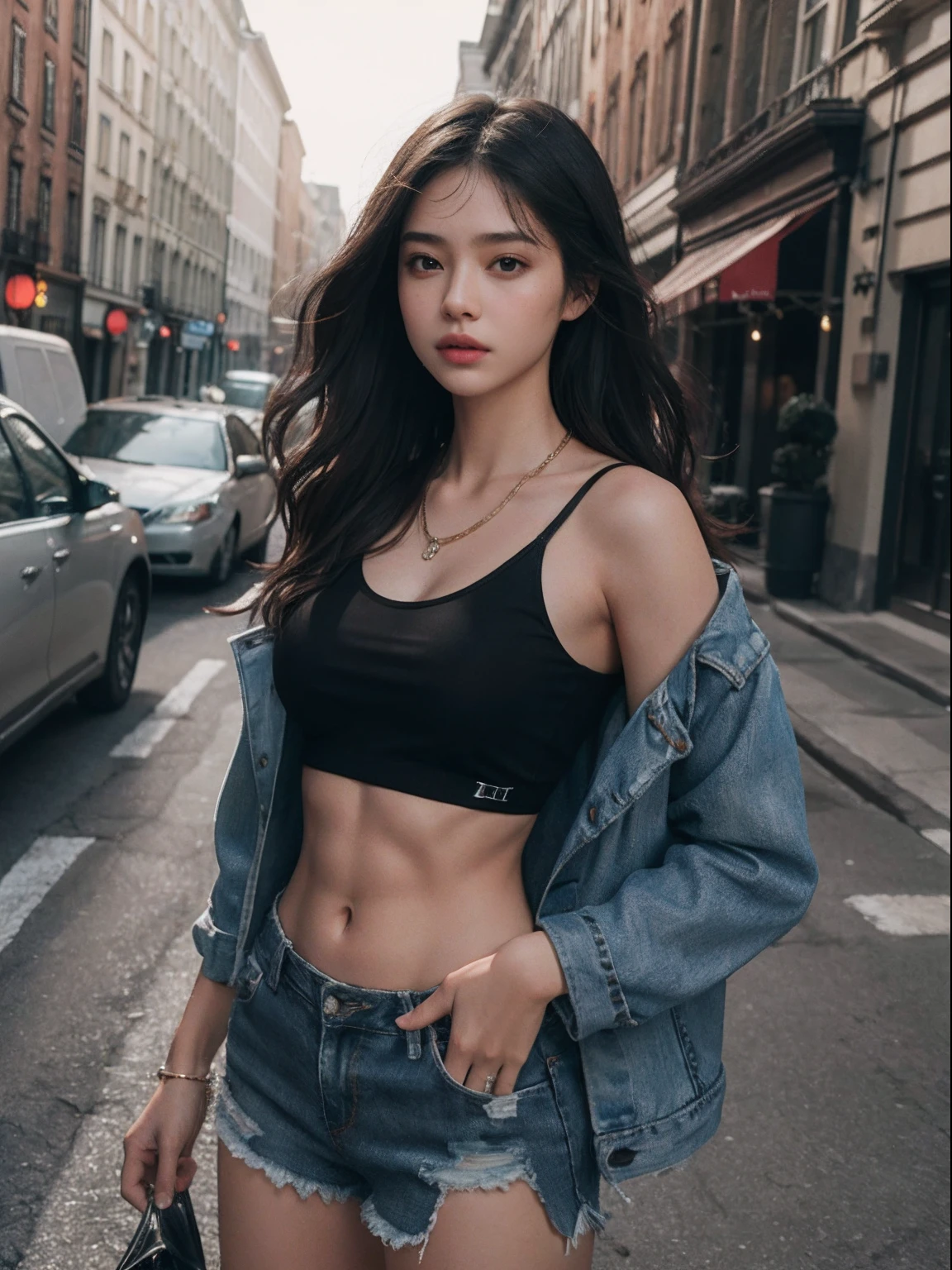 ((Medium chest, tomboy girls, small head)), dawn, sunlight, (chiseled abs : 1.1), (perfect body : 1.1), (wavy short hair : 1.2) , auburn hair, collar, Lock, full body shot, crowded street, Wearing a black tank top, jeans jacket, ((shorts)), (Highly detailed CG 8k wallpaper), (very delicate and beautiful), (masterpiece), (highest quality:1.0), (ultra High resolution:1.0),  beautiful lighting ,perfect lightning, realistic shadow, [High resolution], fine skin, Super detailed 、((No panties:1.5))
