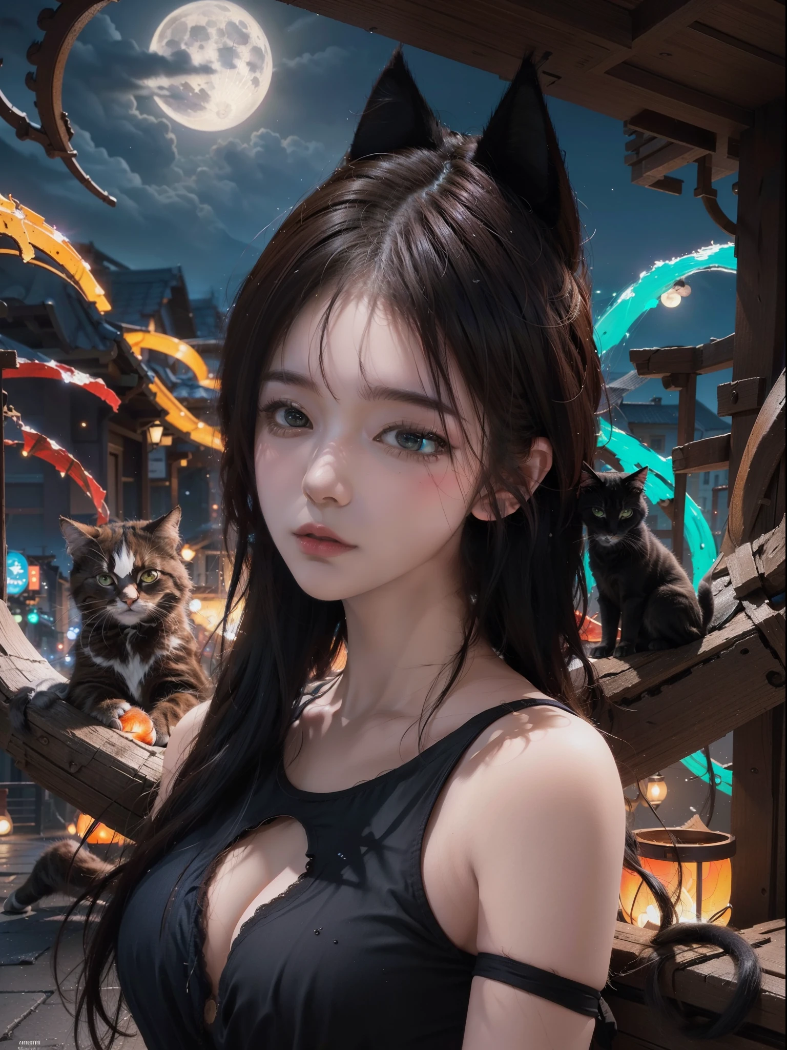 vibrant colours, group of cats, huge marvel style scene art by Carne Griffiths and Wadim ashin, abstract beauty, centered, looking at the camera, approaching perfection, dynamic, moonlight, highly detailed, oil painting, artstation, concept art, smooth, sharp focus, illustration, white background