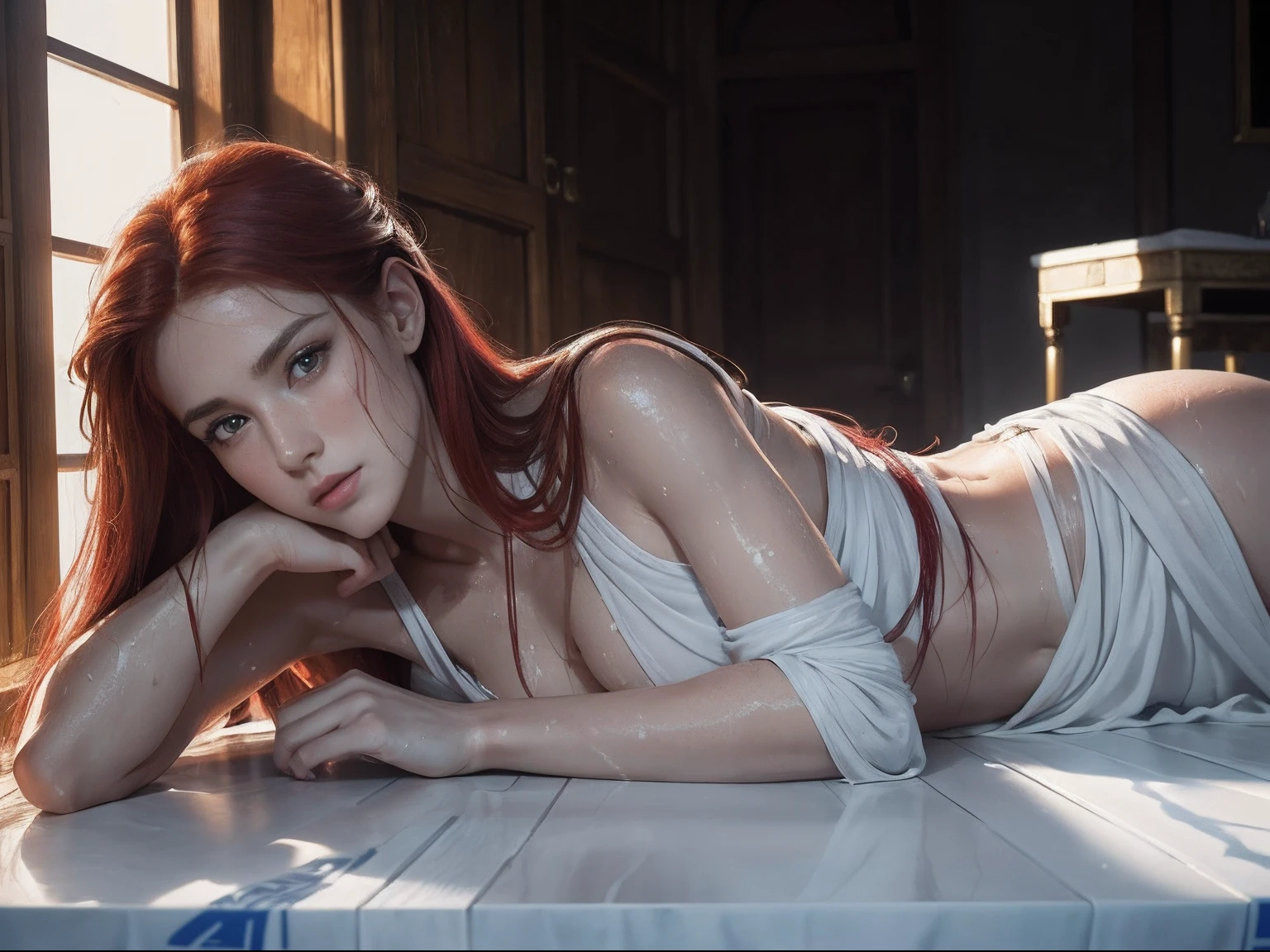 (A beautiful 25 years old female Greek maiden lying supine on a table:1.4), (wet long red hair:1.2), (pale skin), (detailed oily and sweaty skin:1.2), (serious face), (wearing white minimalistic and revealing Greek maiden outfit:1.4), (full body shot:1.2), view from front, (sexy lying pose:1.2), (chiaroscuro lighting:0.8), photo realism, intricate face detail, intricate hand details, highly detailed, vibrant colors, cinematic, 8k, trending on Artstation--style raw