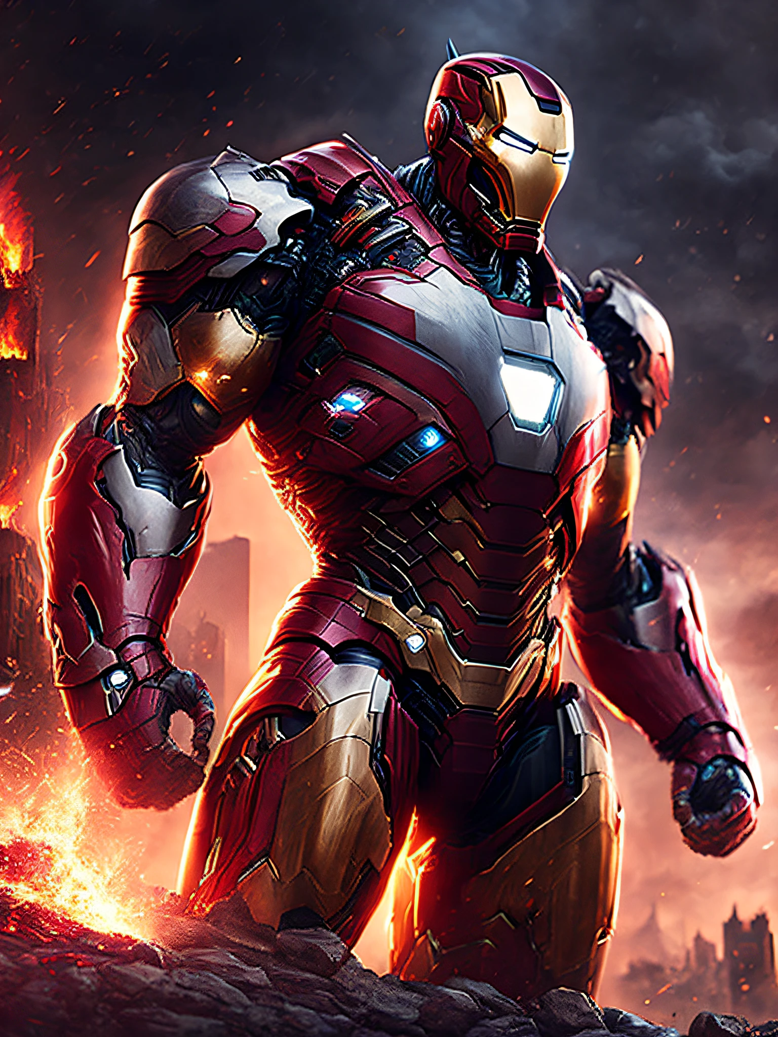 A detailed, realistic Ironman suit, standing in a heroic pose against a backdrop of a burning city.