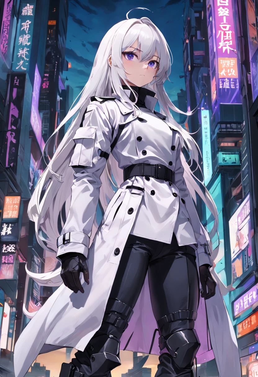 Two-dimensional woman，Long white silky hair，Bright purple pupils，White trench coat with black hard vest armor，A tactical belt hangs a black pocket，Black slim trousers with leggings，A pair of black tactical high-top boots，the night，High-rise rooftops