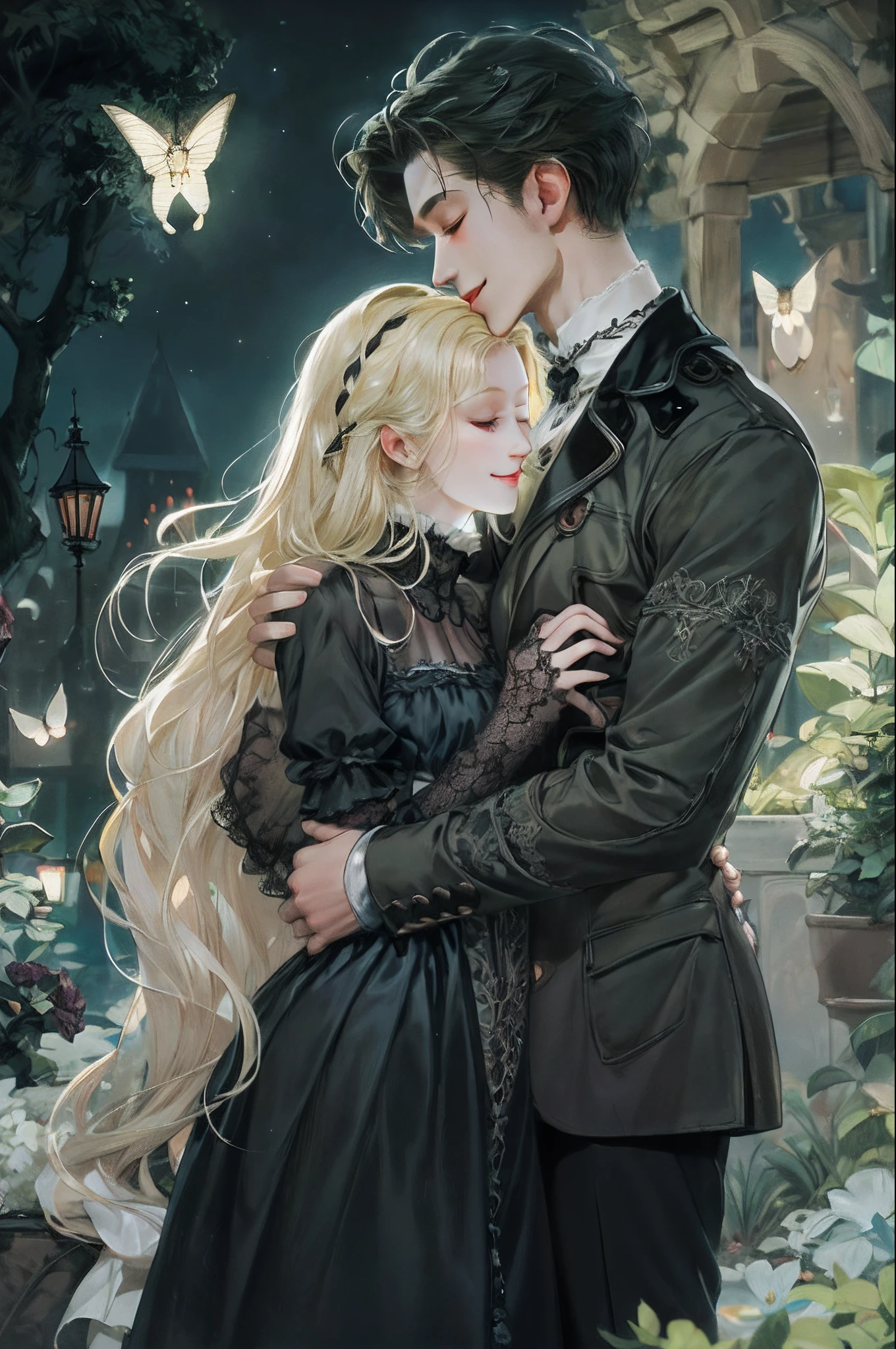 (absurdress, hight resolution, overdetalization), 2Others, couple, 1 man and 1 woman, Mature, height difference, Different hair color, a happy, Love, Cuddling, upper-body, hairlong, black hair and blonde hair, Fantasy, night garden, Nocturnal moths, Gothic atmosphere