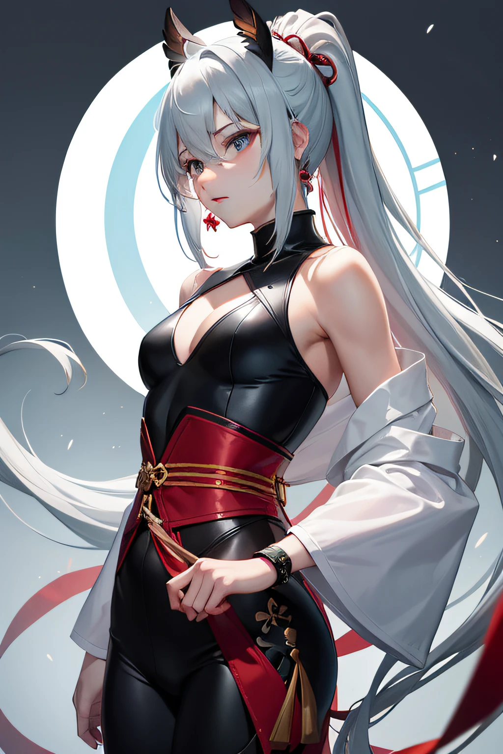Shen He has long cyan drooping eyes and long gradient gray-white hair that half-covers his right eye，The gray part of the long hair is tied down into a ponytail，Tighten with a red rope that connects the ice blue God's Eye。Shen He was originally black-haired，Brush your hair when visiting the teacher，After three combs, the head was covered with snow。The hair ornament worn on the right side is in the style of a glazed lily，Both ears are adorned with swastika earrings。The clothes worn by Shen He accompanied his practice all year round，The red rope that wraps around the body is both a restraint and a shelter。The top is a turtleneck cheongsam design，Cover only the chest and back，Underneath it is a black bodysuit，It has a cutout design at the waist。The red rope on the shoulder is wrapped back，Cross at the lower waist，Attached to the cutouts at the waist。At the coccyx is a piece of decorative clothing resembling a crane's tail，The wide sleeves that are connected to the gold-toned epaulettes have an inky pattern