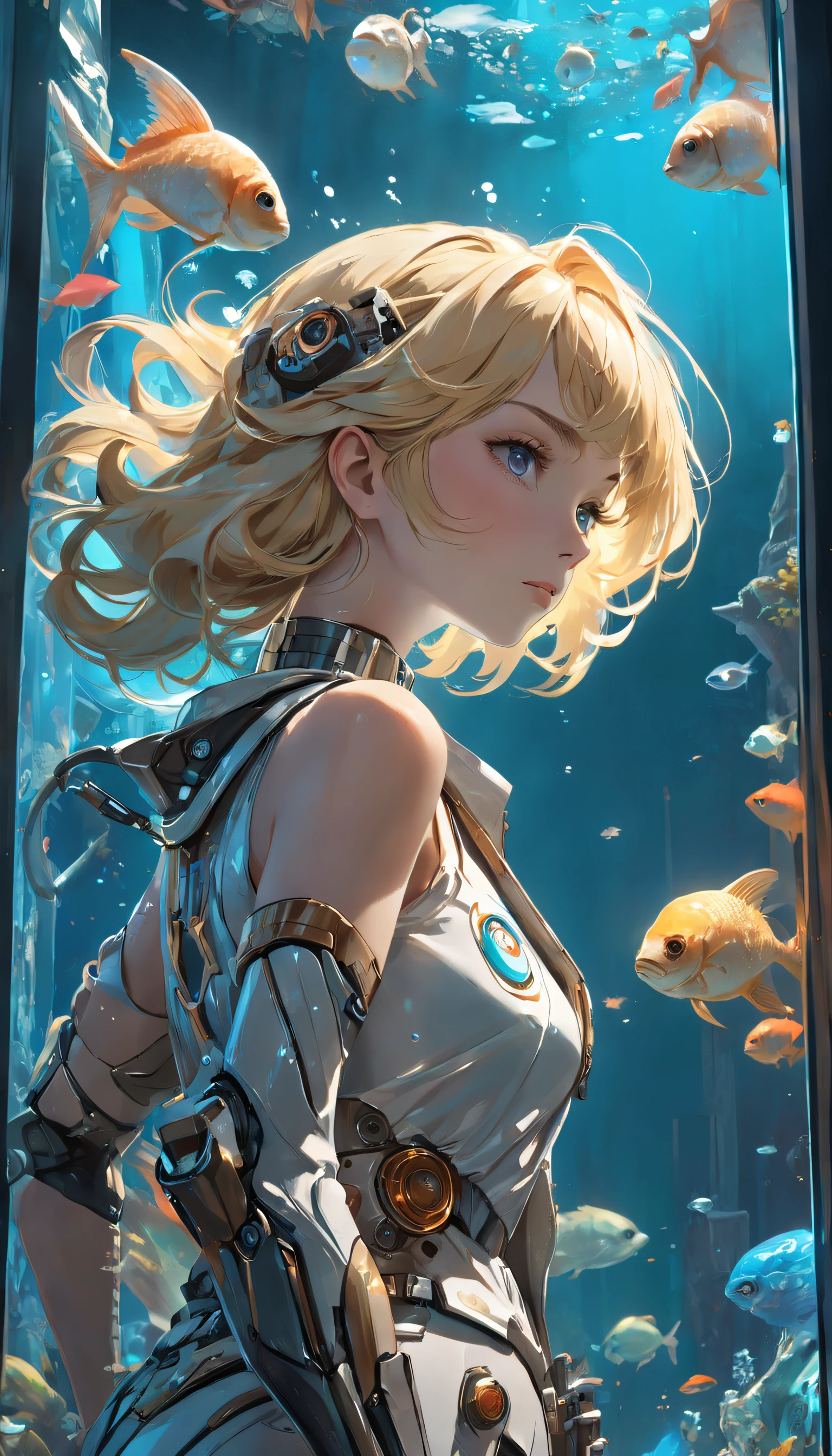 Dynamic angle, ((Full body posing:1.5), (colorful:1.2), (extremely detailed CG unity 16k wallpaper:1.1), (Denoising strength: 1.45), (tmasterpiece:1.37), ((official art)), Portrait of blonde woman in aquarium, In the still style of a retro-futuristic movie, Loepfe steampunk, Stylized, cinematic focus, Realistic, Highly detailed, author：Albert Robida, ((masterpiece)), ((best quality)), Masterpiece