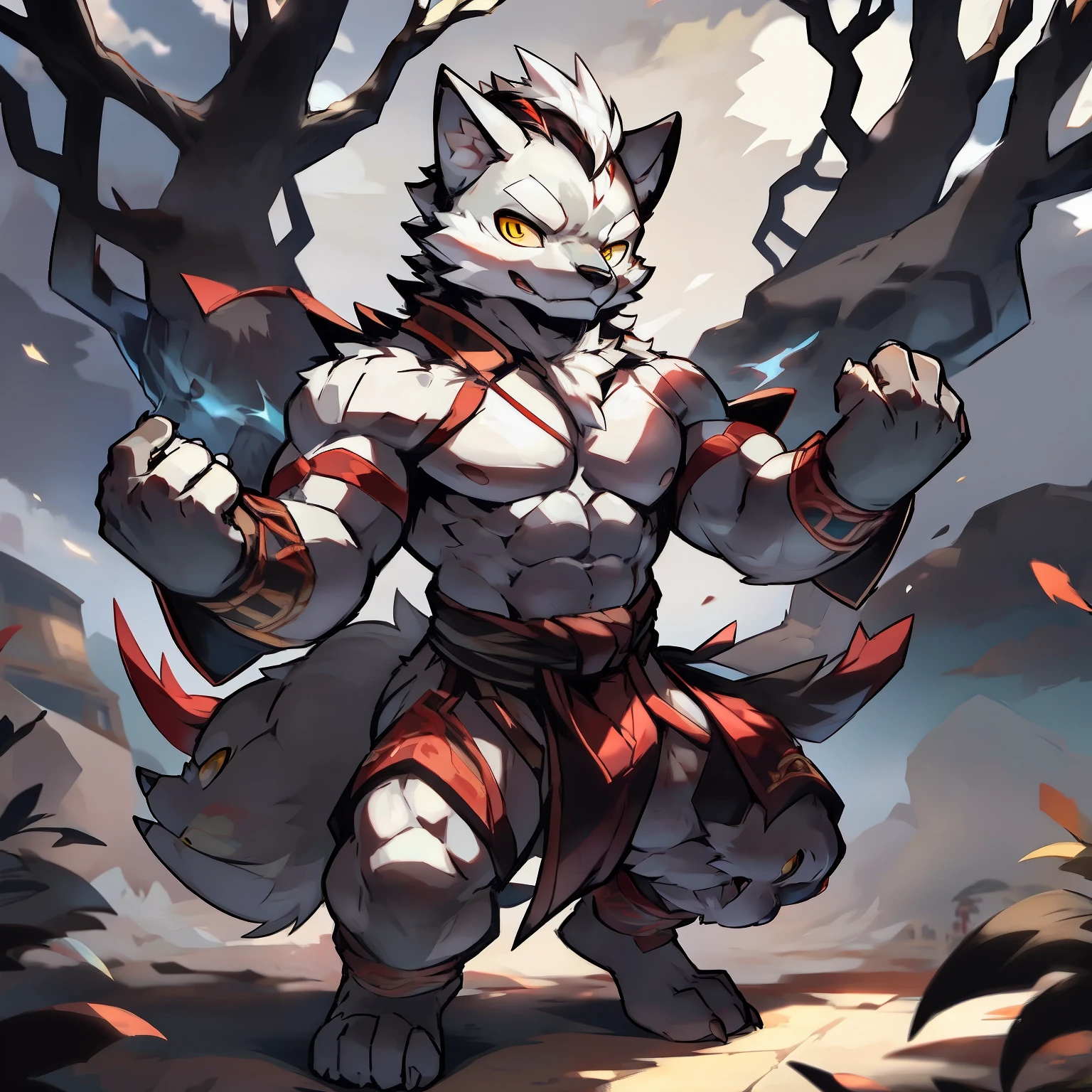 Best Quality), (Masterpiece), (((Single))), (Ultra Detailed), (Furry), Full Body Furry, Furry, (Male Wolf: 1.5), (Grey Skin: 1.3), (Grey Fur: 1.3), Character Focus, (Yellow Eyes), ((Humanoid hands)), ((Detailed People)), Sharp Focus, Chinese Wuxia, ((Wuxia)), ((Chinese Style)), Chinese Wuxia Costume, On the streets of ancient China, Muscular body, Young, Topless, Abs, Martial arts fighter, Kung Fu.
