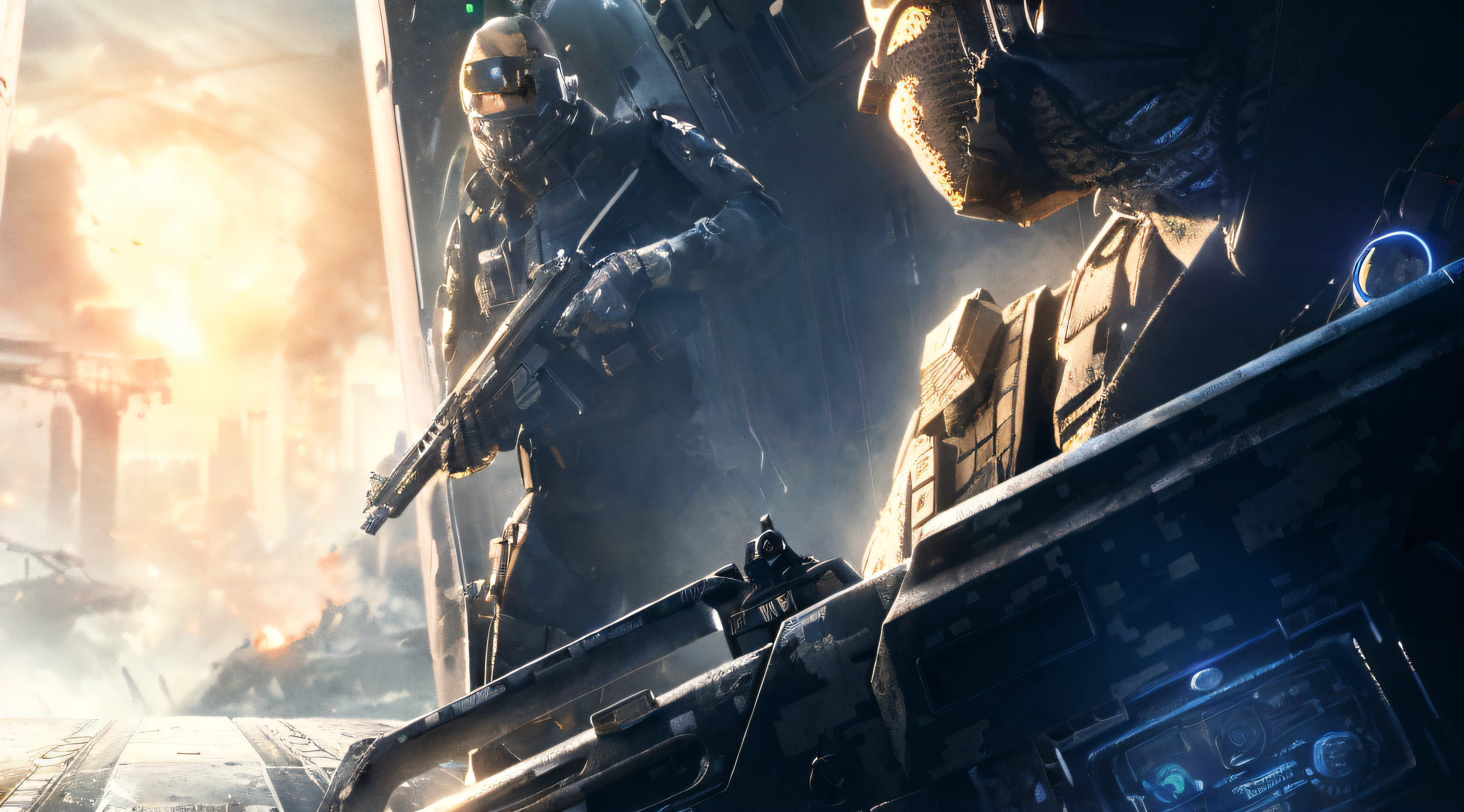 Kierson and soldiers in a sci-fi setting,The background is a train, titanfall 2 game, Titanfall 2, titanfall, in style of james paick, fps shooter game, soldiers and mech fight, (doi), HQ 4K wallpaper, craig mullins style, Halo, fps game concept art, stunning sci-fi concept art, Halo. rendering by octane
