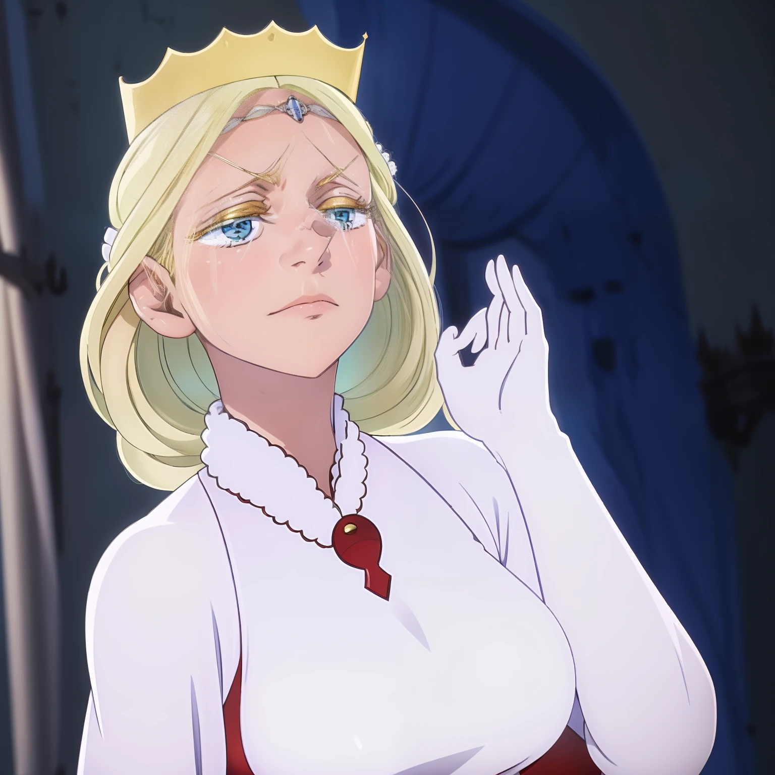 Queen Hilling,
1girl, blonde hair, blue eyes, big breasts, crown, dress, gloves, pointy nose, queen, red victorian dress, white fur tuft, solo, white background, white gloves, mature female, beautiful, perfect anatomy, solo