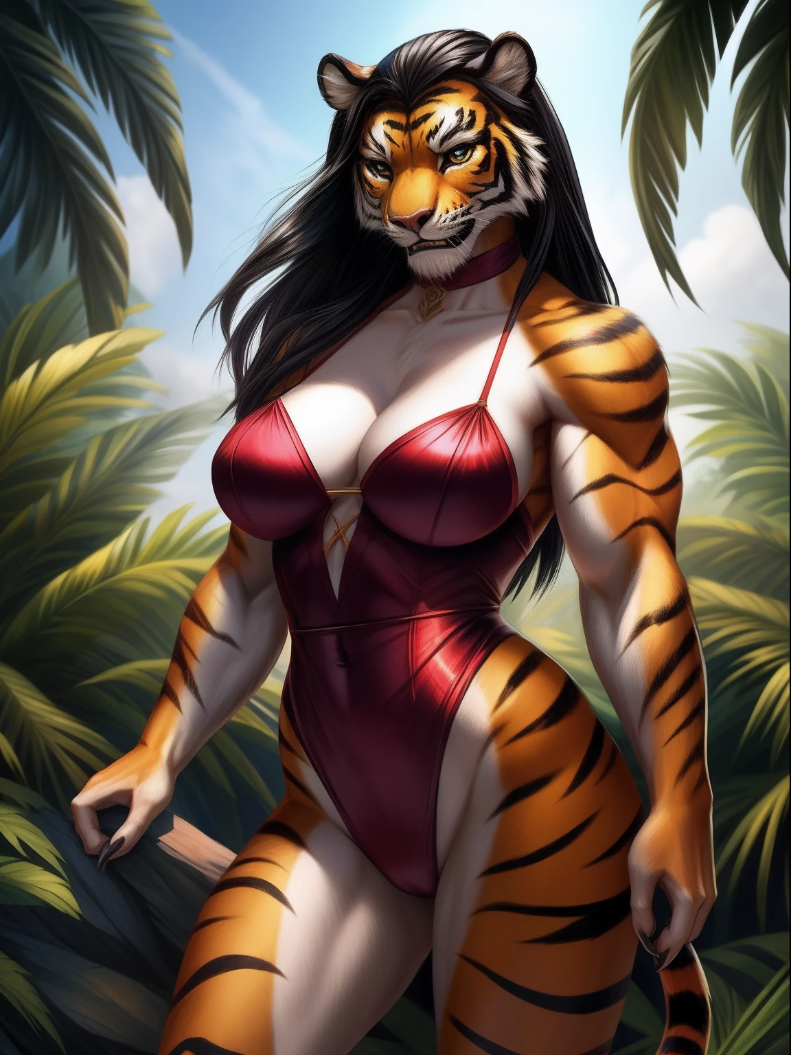 (realistic, high-quality) mature woman transformed into anthropomorphic tiger. clad in a high cut black cheongsam style leotard that shows off her muscular, toned, hourglass body, along with sexy hips and large bust. she has flowing long black hair. baring both sharp teeth and claws to add to her fierce appearance. powerful yet graceful, savage yet seductive, the perfect ballance between beauty and beast. (setting tropical jungle)