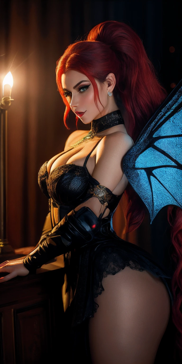 Fine, (Best Illustration), 8k Resolution, Intricate Details, Best Quality, Realistic, Ultra Detailed, Best Lighting, Best Shadows, Ultra HD, A Necromancer, Night, Magic, Dark Style, Vampire, Bat wings, shining red eyes, masterpiece, high_res, Beautiful face, tyndall effect, photo realistic, (high detailed skin:1.2), 8k uhd, dslr, high quality, Photograph, high resolution, 4k, 8k, Bokeh, medium breasts, absurdres, ponytail contorted, best ratio four finger and one thumb,