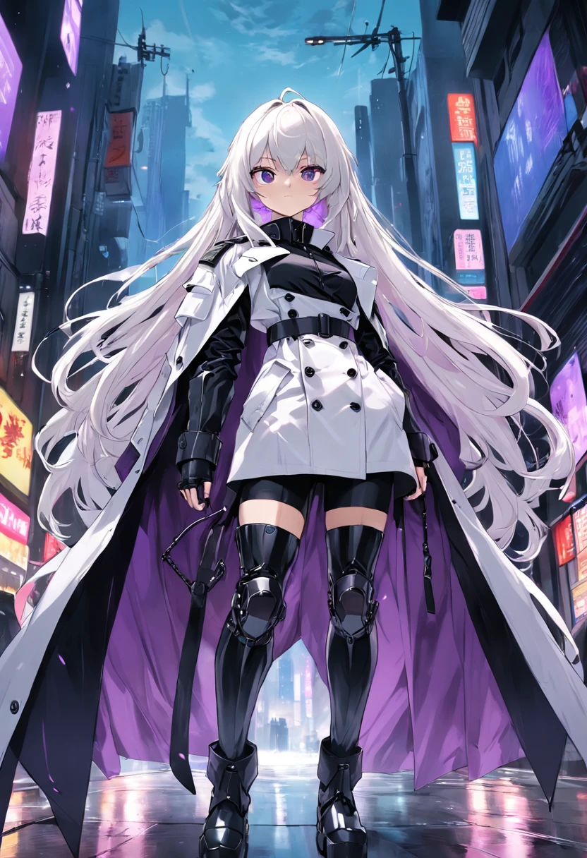 Two-dimensional woman,Long white silky hair,Bright purple pupils,White trench coat with black hard vest armor,A tactical belt hangs a black pocket,Black slim trousers with leggings,A pair of black tactical high-top boots,the night,Roof