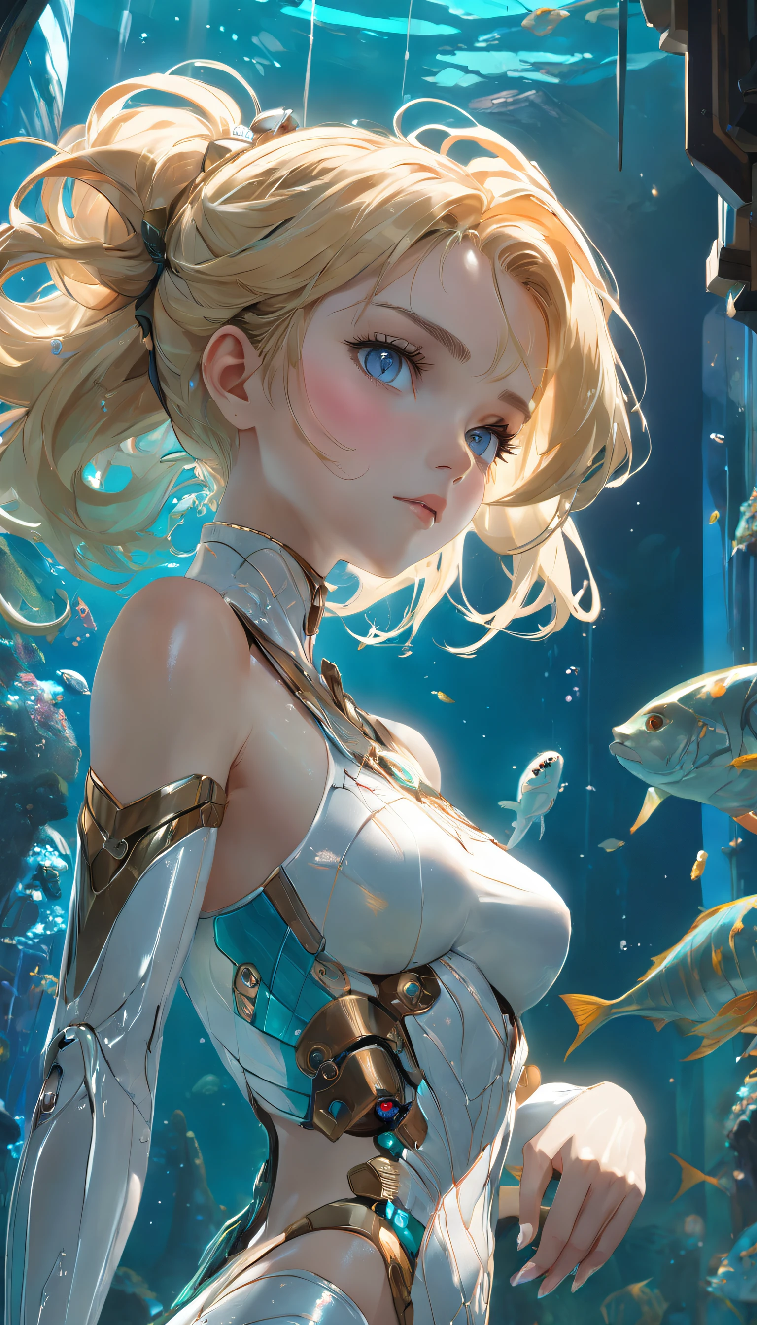 1 girl,full body, Star earrings, fish flocks, airbubble, algae, dream magical, abyssal, blonde hair, drill hair, Romanticism, cinematic lighting, perspective, Ultra-Wide Angle, panorama, UHD, masterpiece, super detail, high details, high quality, best quality, highres, 8k