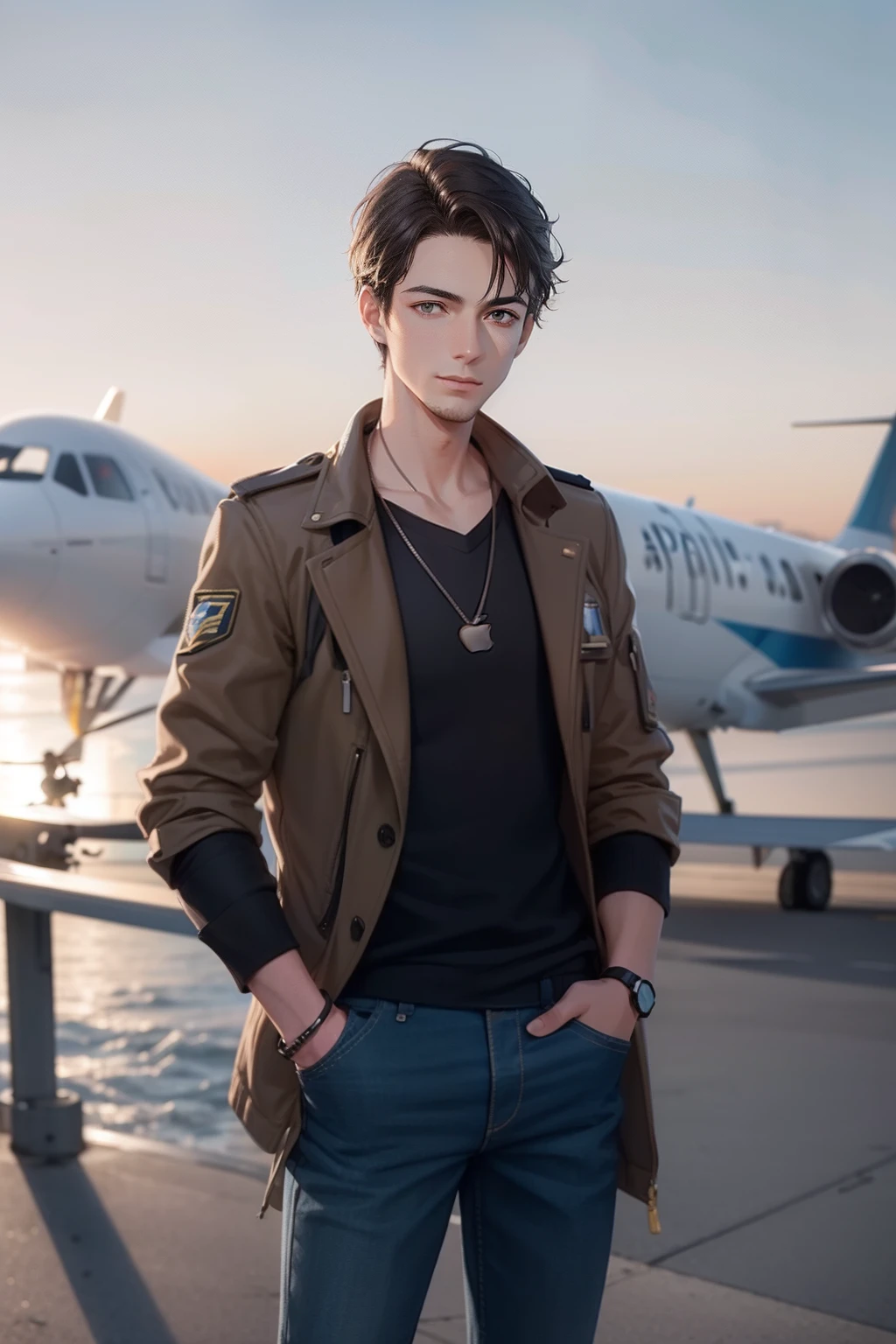 Young european guy civil aviation pilot, Straight dark-haired, Brown eyes, is a civil aviation pilot, Wears Apple Watch on right hand, with a jacket on his shoulder, Standing at sunset, airplane on background, Wears Apple Watch on right hand