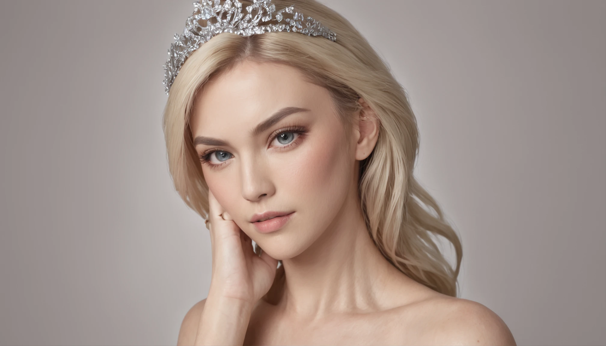 Hyper realistic portrait super detailed sexy princess face bright eyes face portrait mature woman blond hair jewelry