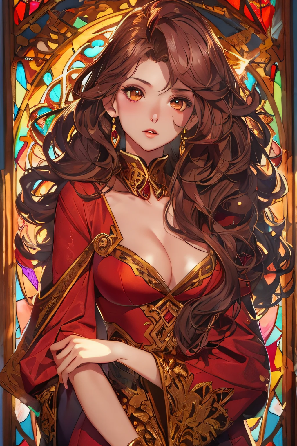 ((Masterpiece, Highest quality)), Detailed face, CharacterDesignSheet，full bodyesbian, Full of details, Multiple poses and expressions, Highly detailed, Depth, beuaty girl，Claret long hair、Wavy curly hair，red dress、In a luxurious building、Sunlight shines through stained glass、Silk dress、Brown eyes、lense flares、Shading by sunlight、8 class large、Use the backlight effect to increase the depth of the image、 perfect anatomia、