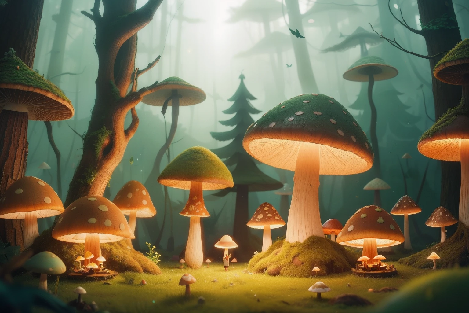 Amidst a surreal Wes Anderson forest, colossal, enchanted mushrooms serve as homes for tiny fairy-like beings in the distance, who flutter about in the soft, luminescent glow.