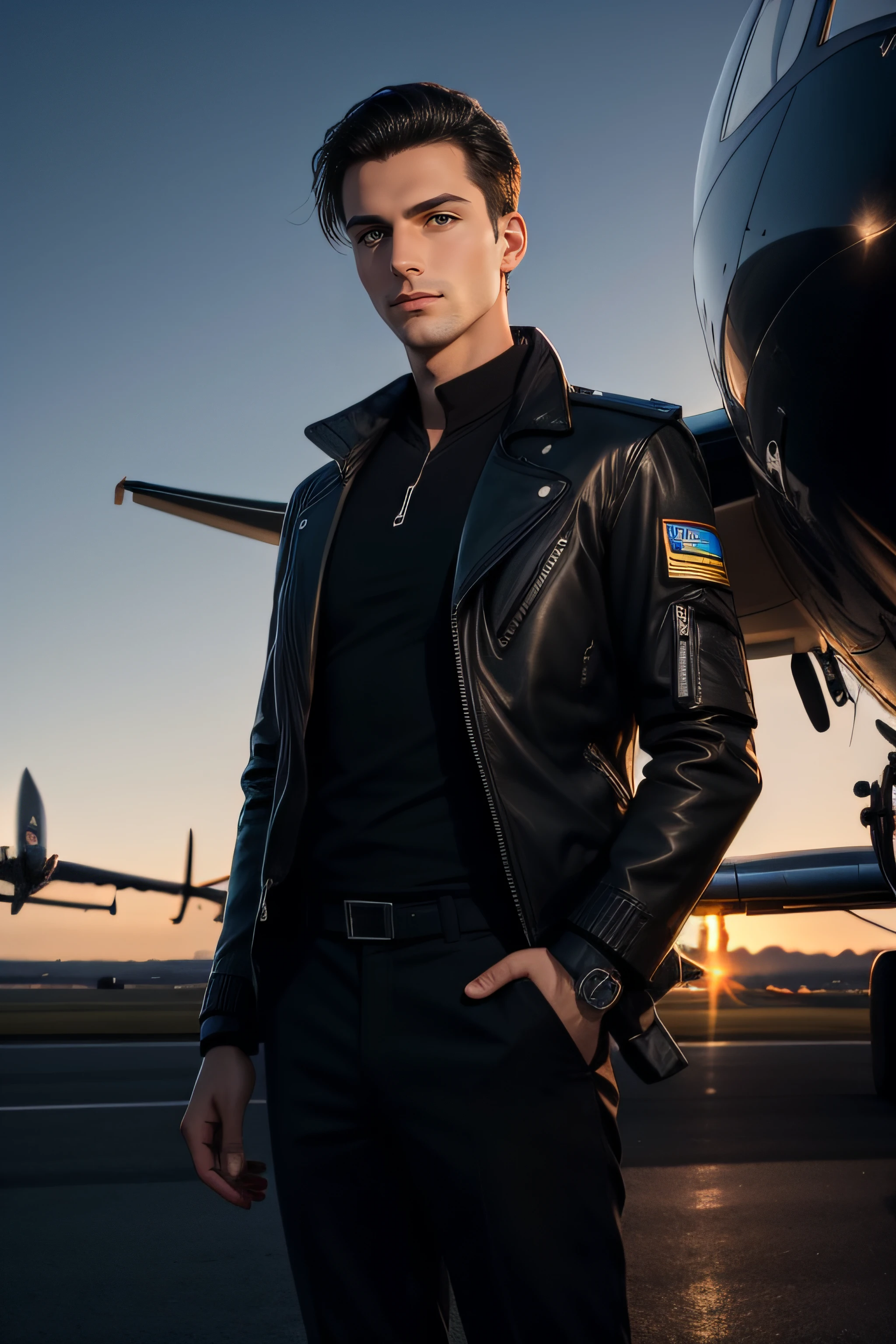 Young european guy pilot, Straight dark-haired, Wears Apple Watch on right hand, with a black jacket on his shoulder, Standing at dark evening sunset, airplane on background, Wears Apple Watch on right hand