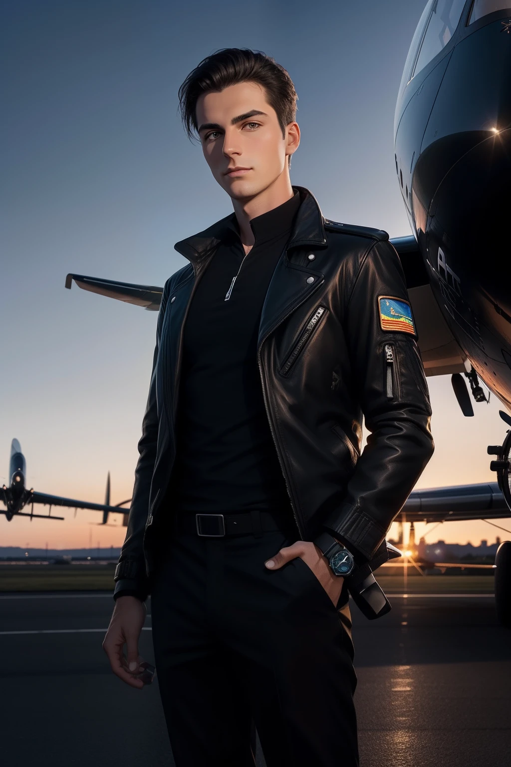 Young european guy pilot, Straight dark-haired, Wears Apple Watch on right hand, with a black jacket on his shoulder, Standing at dark evening sunset, airplane on background, Wears Apple Watch on right hand