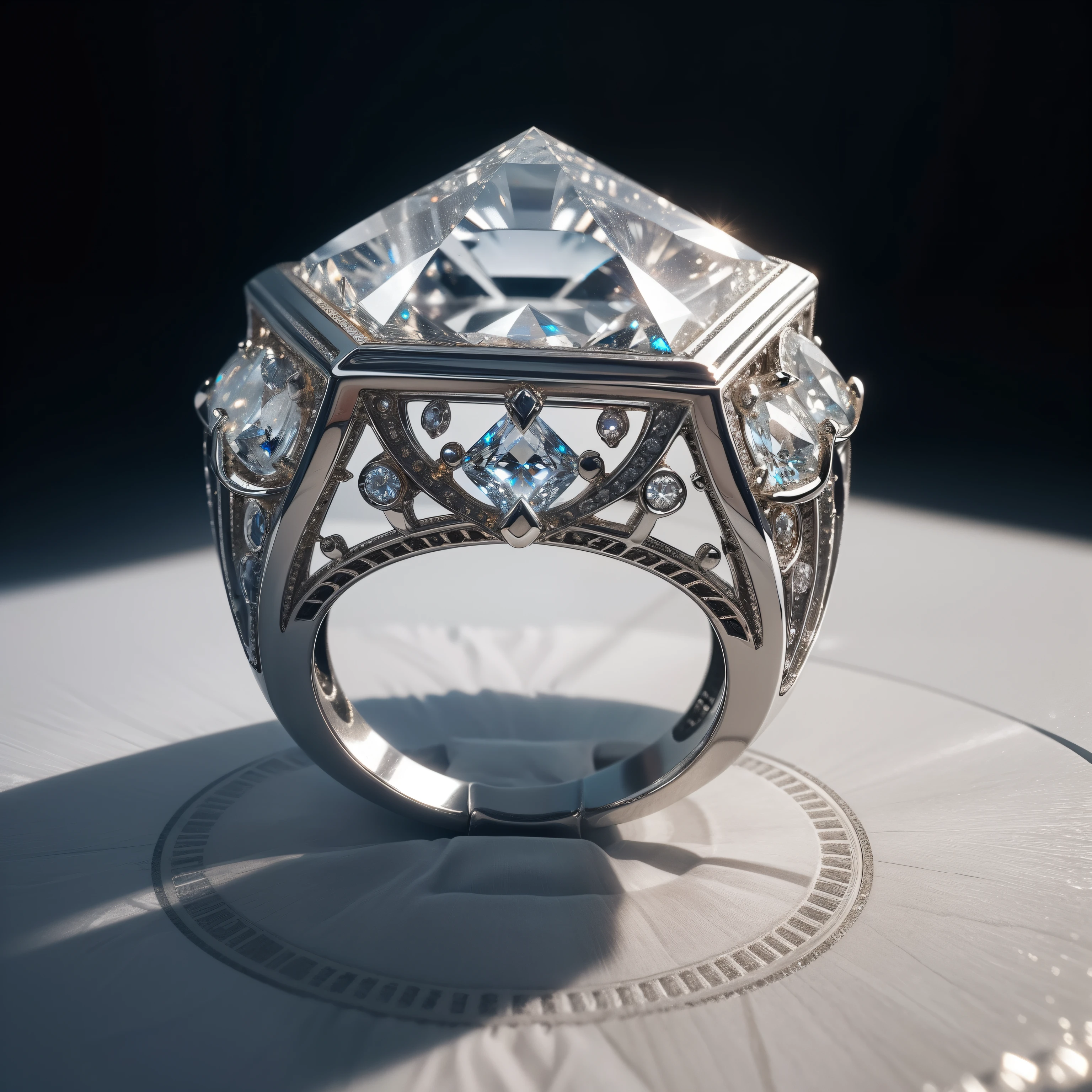 Dazzling ring，Close-up of details，（Displays the complete structure of the ring:1.3），Extremely large, Finely cut pyramid-shaped crystal diamond，African blood diamonds，(Silver-white silver setting:1.3)，（Very detailed diamond structure），（Exquisite diamonds），Silvery-white sparkling，The ring is engraved with ancient and delicate mysterious patterns，（The ring is depicted in detail），Dazzling light，Elevation viewing angle，In the background is a luxurious medieval bedroom，The bedroom has a layered depth of field effect，（Don't show up characters），（light and shadow effect），（Depth of field effect），（Tyndall），（Light particle tracing），（CG），（Cinematic lighting visuals），（Volumetriclighting），（Unreal 5），（cinema4d），（vivd colour）,（Obvious layers）,（Photography Award）,（8k wallpaper）,（Masterpiece）,（best qualtiy）, photorealestic，realisticlying