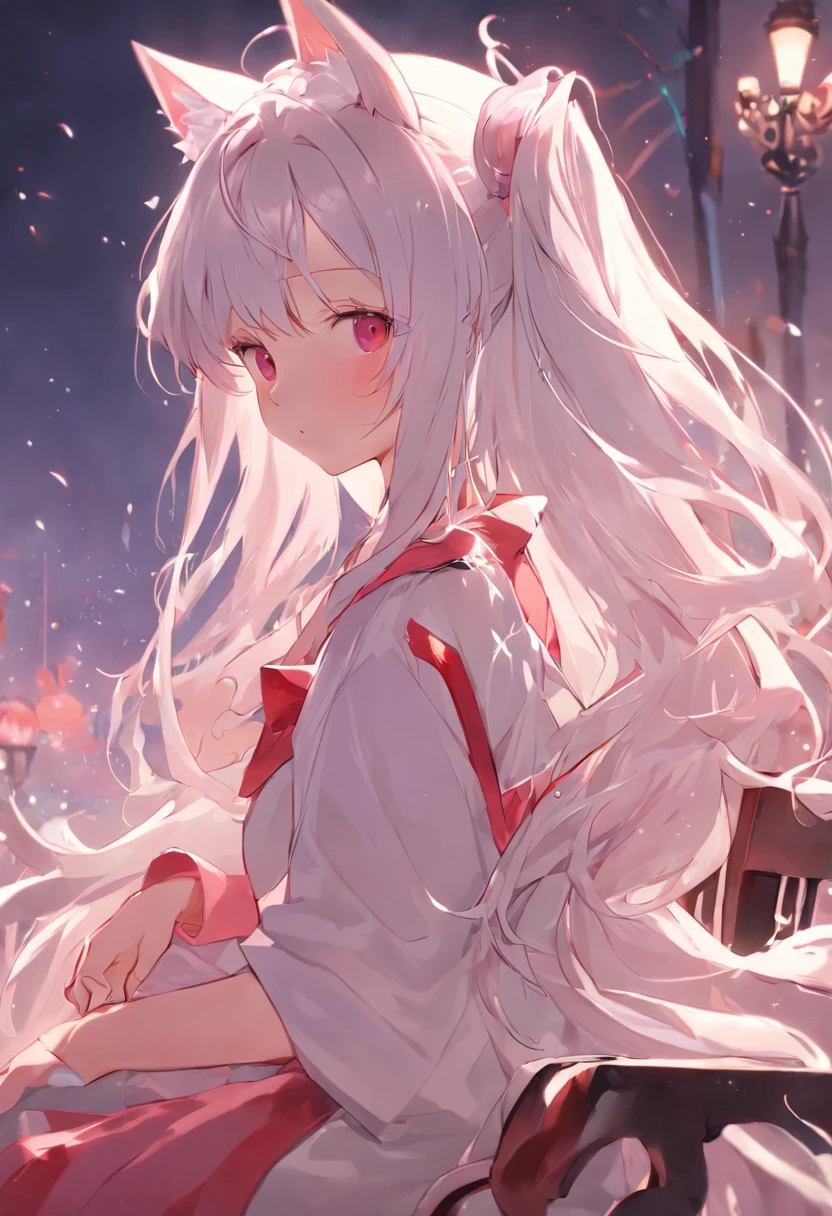 Anime girl sitting on bench，There are cat ears on the head, Pink and white long dress!! silber hair,Red pupils， Long hair with micro-curls，Half-tied double ponytail，cute anime waifu in a nice dress,, White-haired god, gray-haired girl, Perfect girl with white hair, Güvez on Pisif Art Station, whaite hair, Flowing white hair
