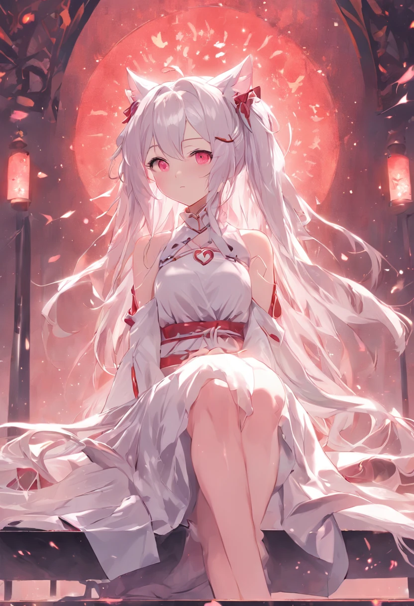 Anime girl sitting on bench,There are cat ears on the head, Pink and white long dress!! silber hair,Red pupils, Long hair with micro-curls,Half-tied double ponytail,cute anime waifu in a nice dress,, White-haired god, gray-haired girl, Perfect girl with white hair, Güvez on Pisif Art Station, whaite hair, Flowing white hair