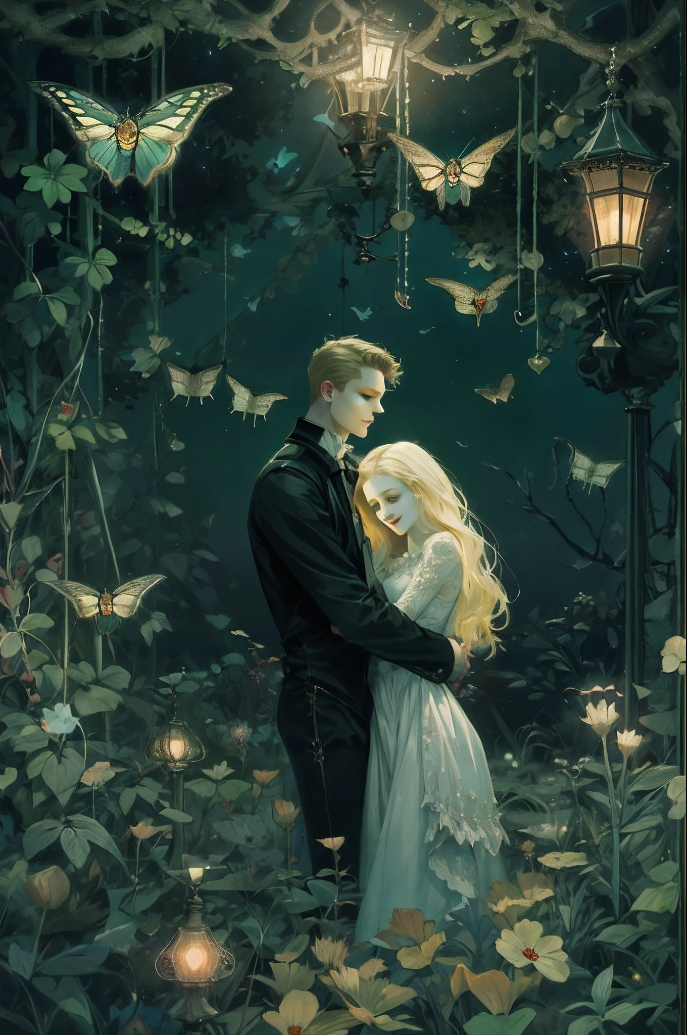 (absurdress, hight resolution, overdetalization), 2Others, couple, 1 man and 1 woman, Mature, height difference, Different hair color, a happy, Love, Cuddling, upper-body, hairlong, black hair and blonde hair, Fantasy, night garden, Nocturnal moths, Gothic atmosphere
