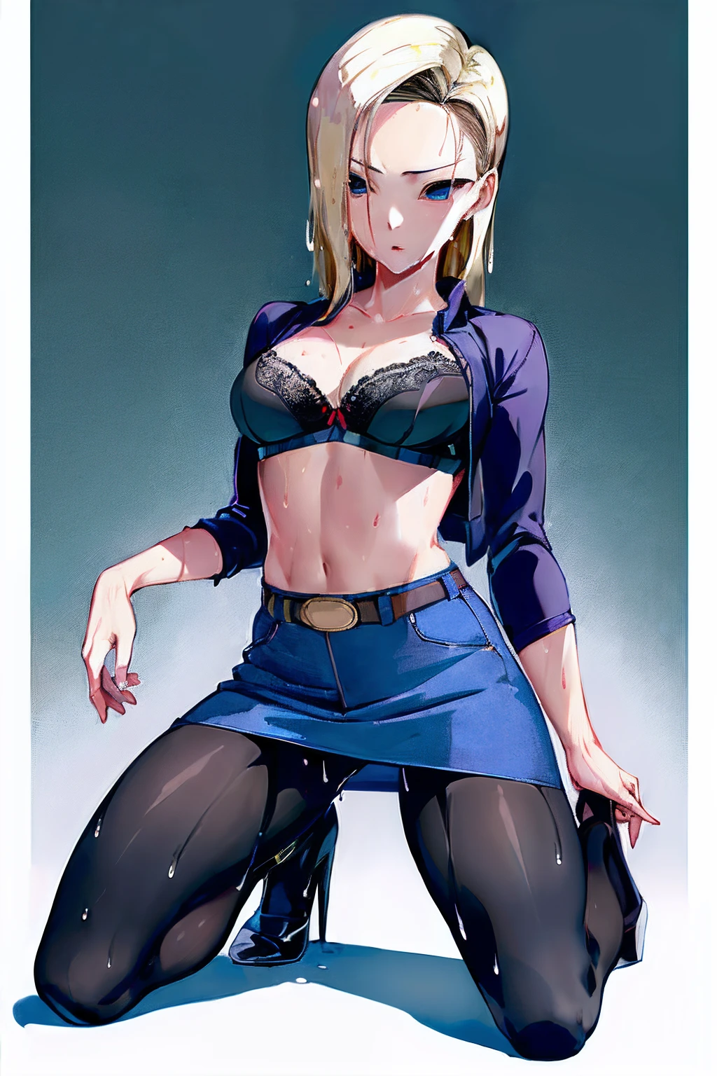 masterpiece, (Photorealsitic:1.4), top-quality, beautiful lighting,Android18DB, 独奏, 耳Nipple Ring, jewely, jaket, denim, embarassed expression, The shirt, a belt, ,((Black pantyhose))、 denim_Skirt, Raw photography, 8K UHD, film grains,(((Bra shows through and are visible)))、panties on、((self lift))、high-heels、(((the whole body is wet)))、Kneeling