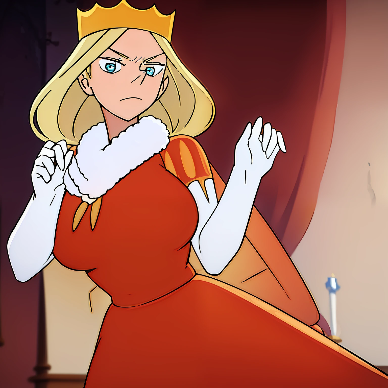 Queen Hilling,
1girl, blonde hair, blue eyes, big breasts, crown, dress, gloves, pointy nose, queen, red victorian dress, white fur tuft, solo, white background, white gloves, mature female, beautiful, perfect anatomy, solo, kyoufuu all-back, flute