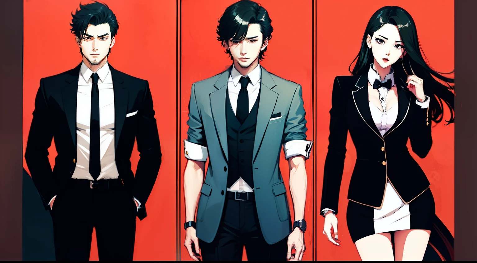 (3 people) Anime poster of the three, Art Cover Illustration, romance novel cover, Casual Man, 韓国アイドル, Young idols, Girl in a dress, Man in a suit, Normal legs, normal hands