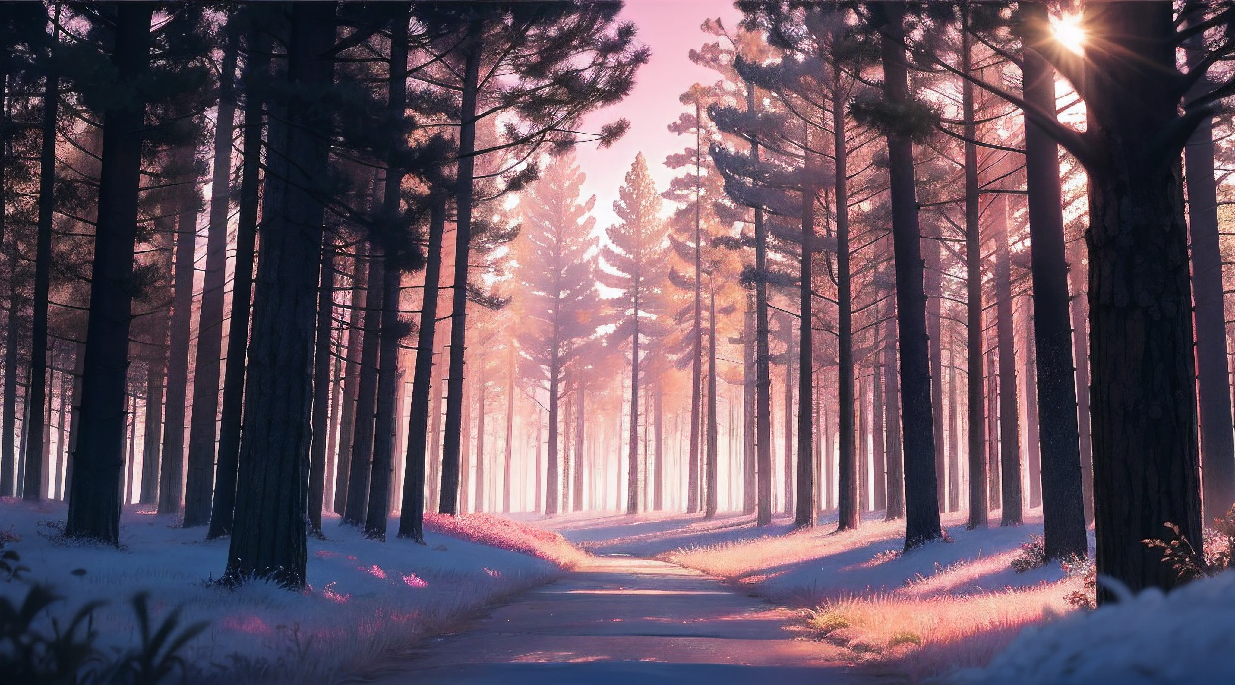 Morning light in the pink forest