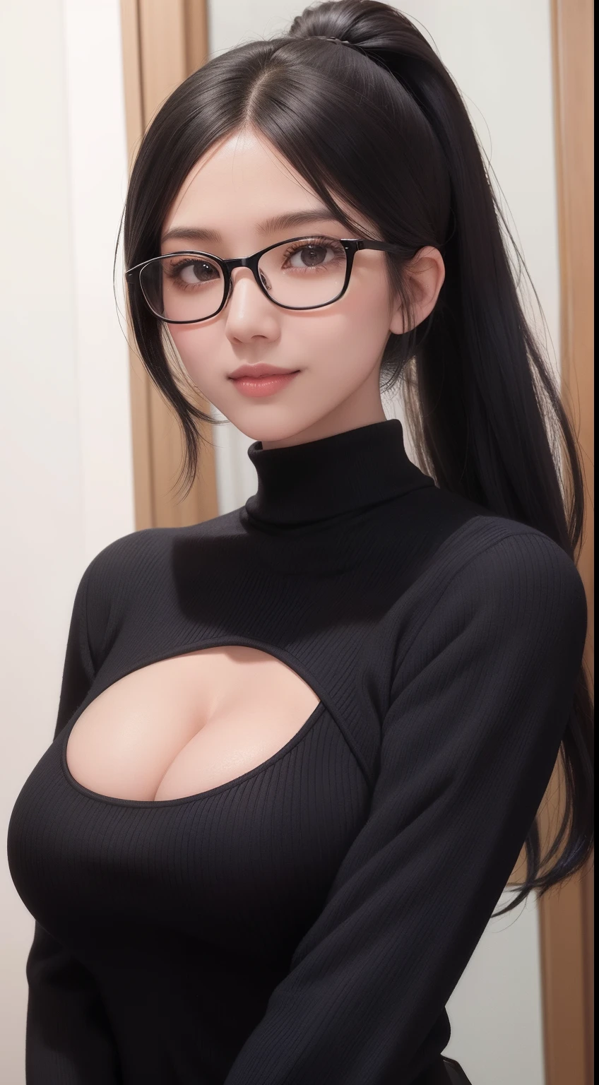 Seoldef, black hair, black eyes, long hair, glasses
turtleneck, solo, black meme attire, smile, large breasts, breasts, lips, upper body, cleavage, clothing cutout, blush, 1girl, black sweater, looking at viewer, open mouth, cleavage cutout, open-chest sweater, ponytail
masterpiece, best quality