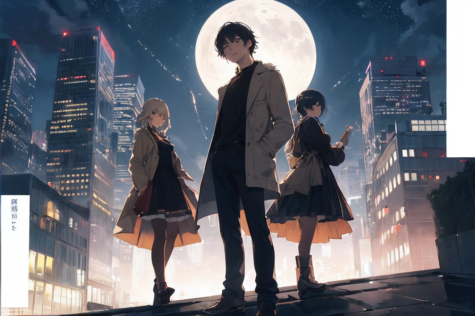 (masterpiece、top-quality、hightquality)、4 men、Adult male、Multiple people、nighttime scene、Man Standing On The Rooftop Of A Building、line up、Look up at people、natta、perpetrator、dynamic ungle、full body Esbian、highrise buildings、Contemporary buildings、animesque、cover page、team、in group photograph、Crescent moon and night sky、Name、Four people