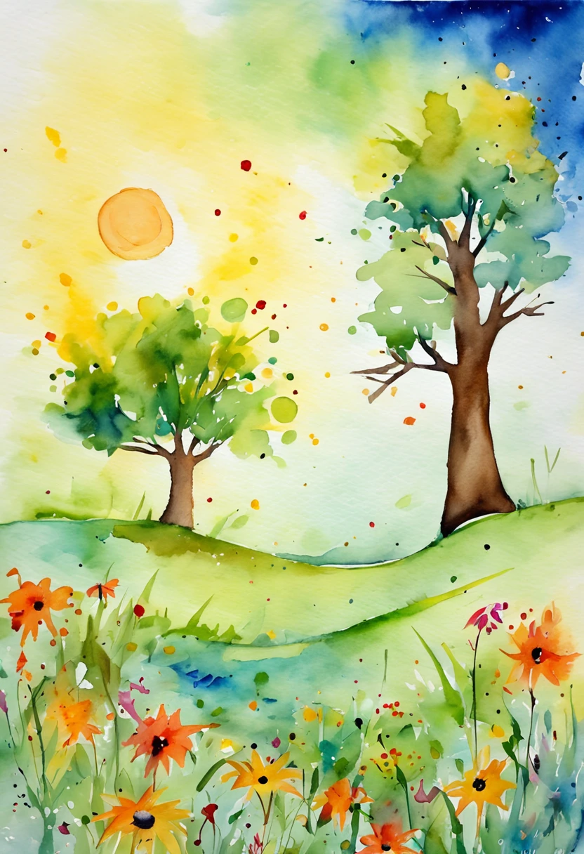 A vivid abstract painting of a sunlit meadow with a single tree in the center. Cute hedgehogs are playing.