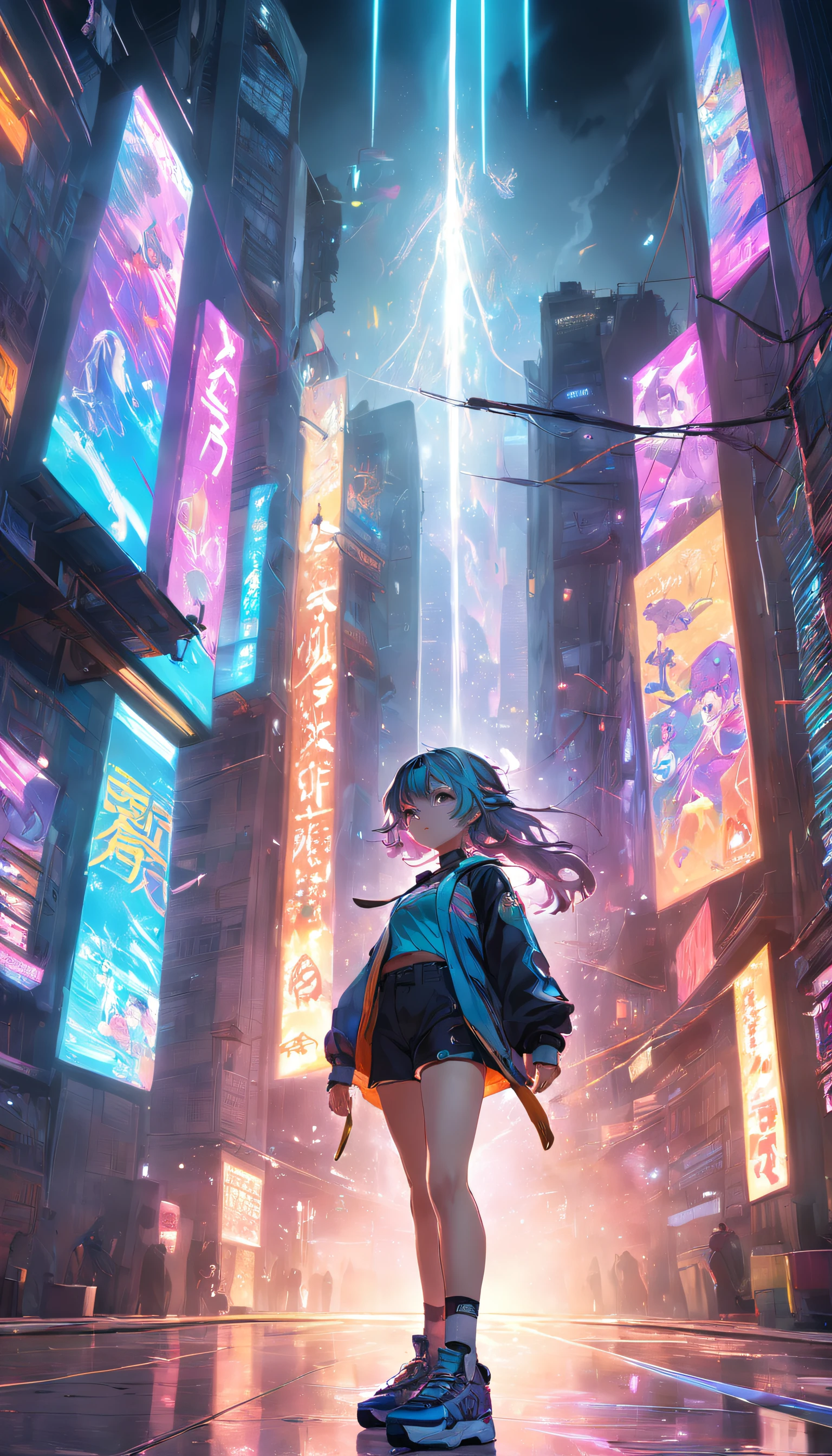 Dynamic angle, ((Full body posing:1.5), (colorful:1.2), (extremely detailed CG unity 16k wallpaper:1.1), (Denoising strength: 1.45), (tmasterpiece:1.37), ((official art)), Skaters play cyberpunk on streets with tall buildings and graffiti、, god rays, sparkle, glowing light, ((masterpiece)), ((best quality)), UHD, award winning