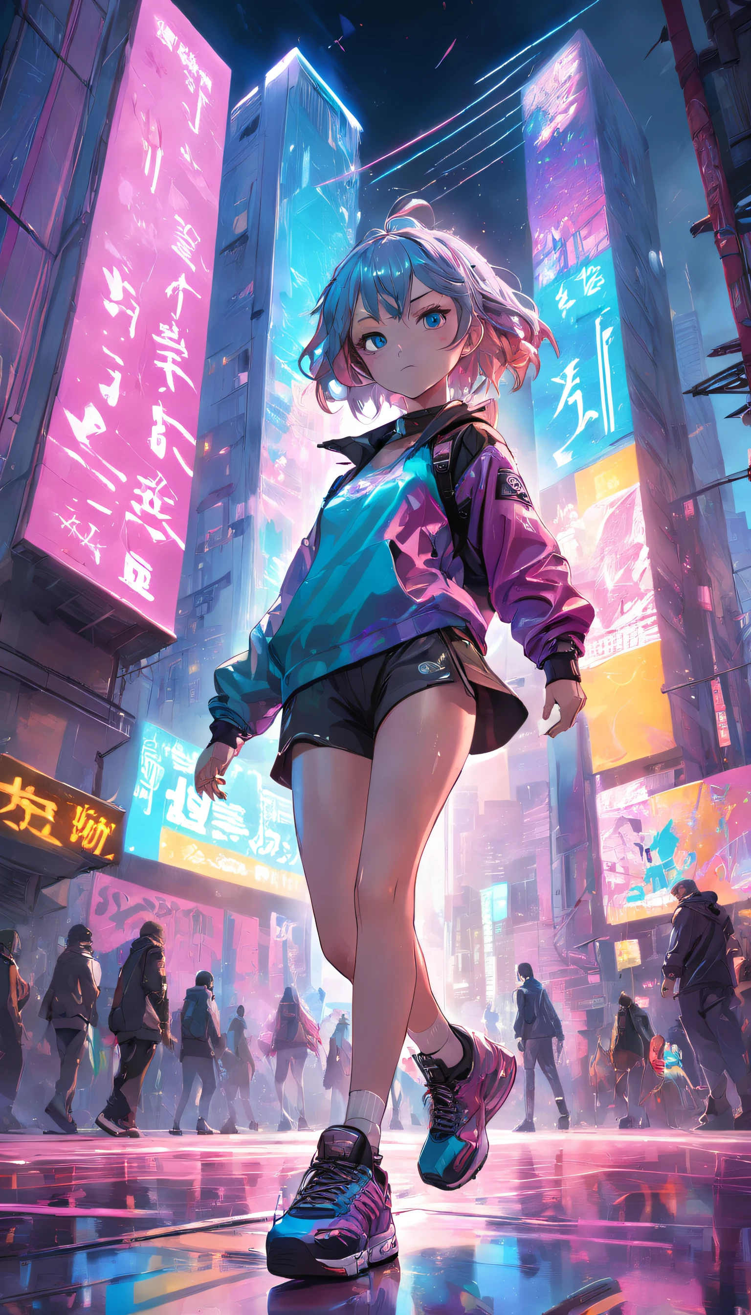 Dynamic angle, ((Full body posing:1.5), (colorful:1.2), (extremely detailed CG unity 16k wallpaper:1.1), (Denoising strength: 1.45), (tmasterpiece:1.37), ((official art)), Skaters play cyberpunk on streets with tall buildings and graffiti、, god rays, sparkle, glowing light, ((masterpiece)), ((best quality)), UHD, award winning