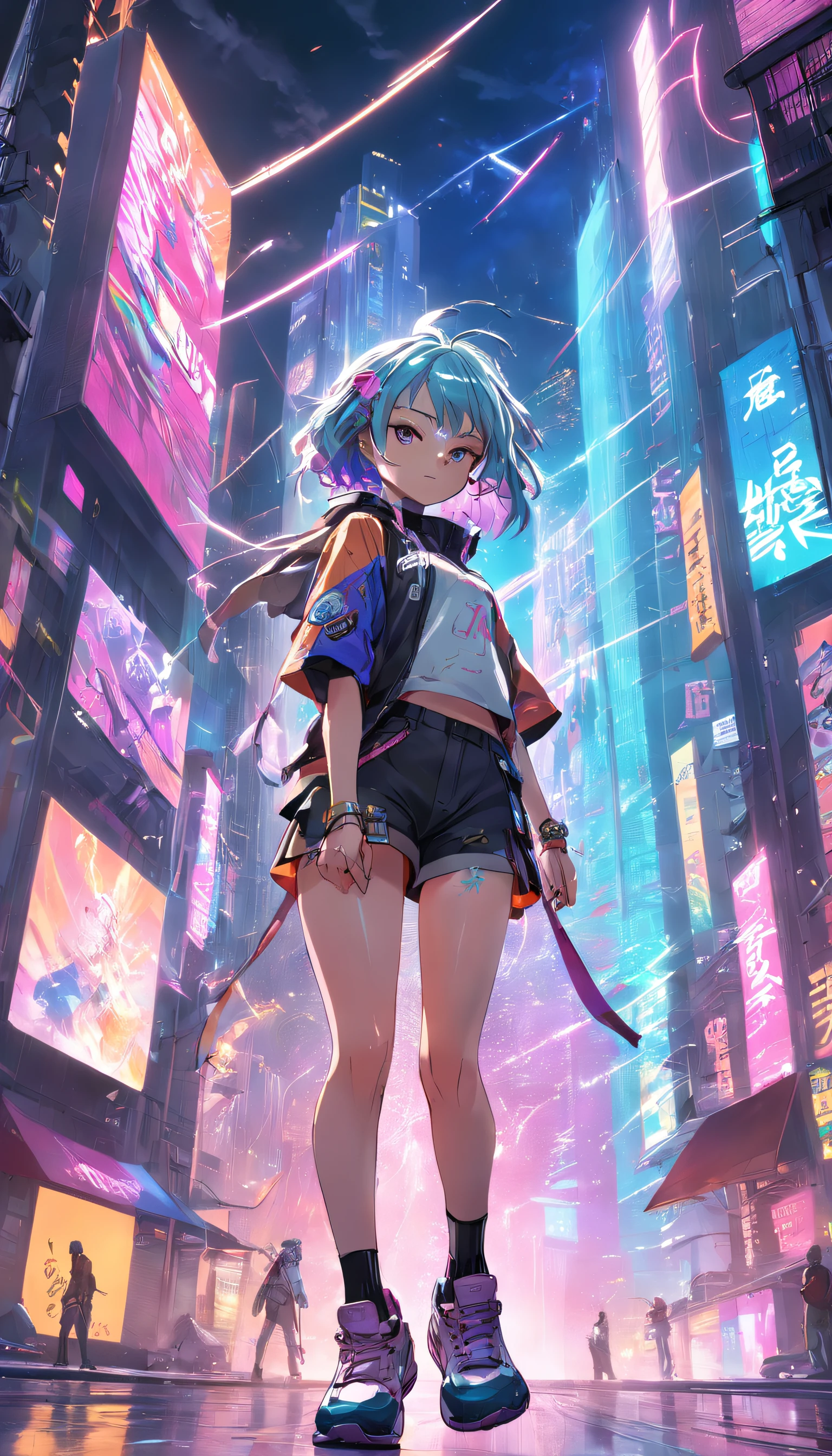 Dynamic angle, ((Full body posing:1.5), (colorful:1.2), (extremely detailed CG unity 16k wallpaper:1.1), (Denoising strength: 1.45), (tmasterpiece:1.37), ((official art)), Skaters play cyberpunk on streets with tall buildings and graffiti、, god rays, sparkle, glowing light, ((masterpiece)), ((best quality)), UHD, award winning